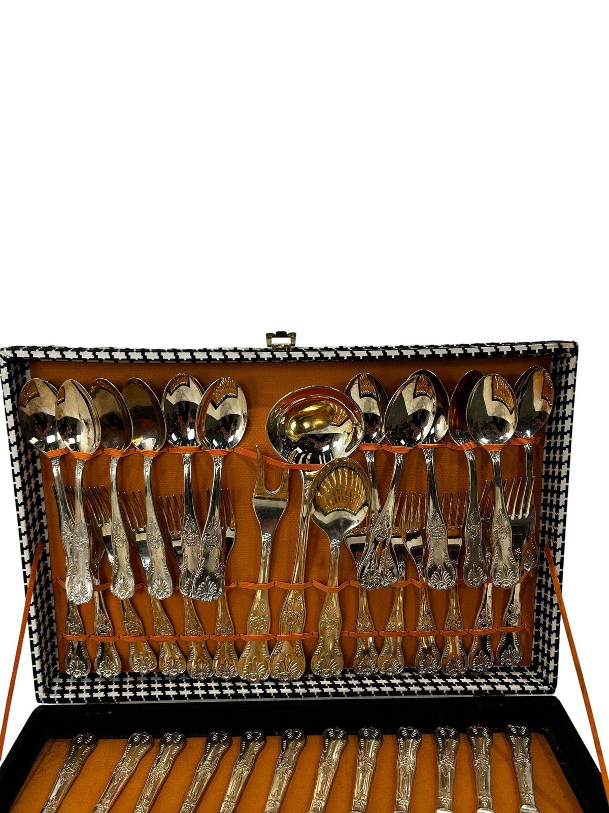 Vintage Ornate Cutlery Set in Houndstooth Canteen Case Silver Tone (Pre-Loved)