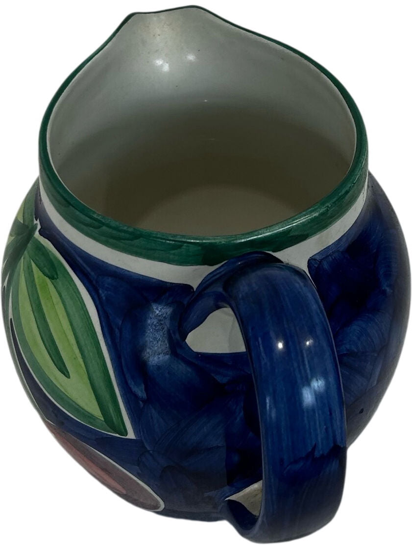 Blue Green Ceramic Pitcher Jug Floral Leaf Pattern Pottery Vase (Pre-Loved)