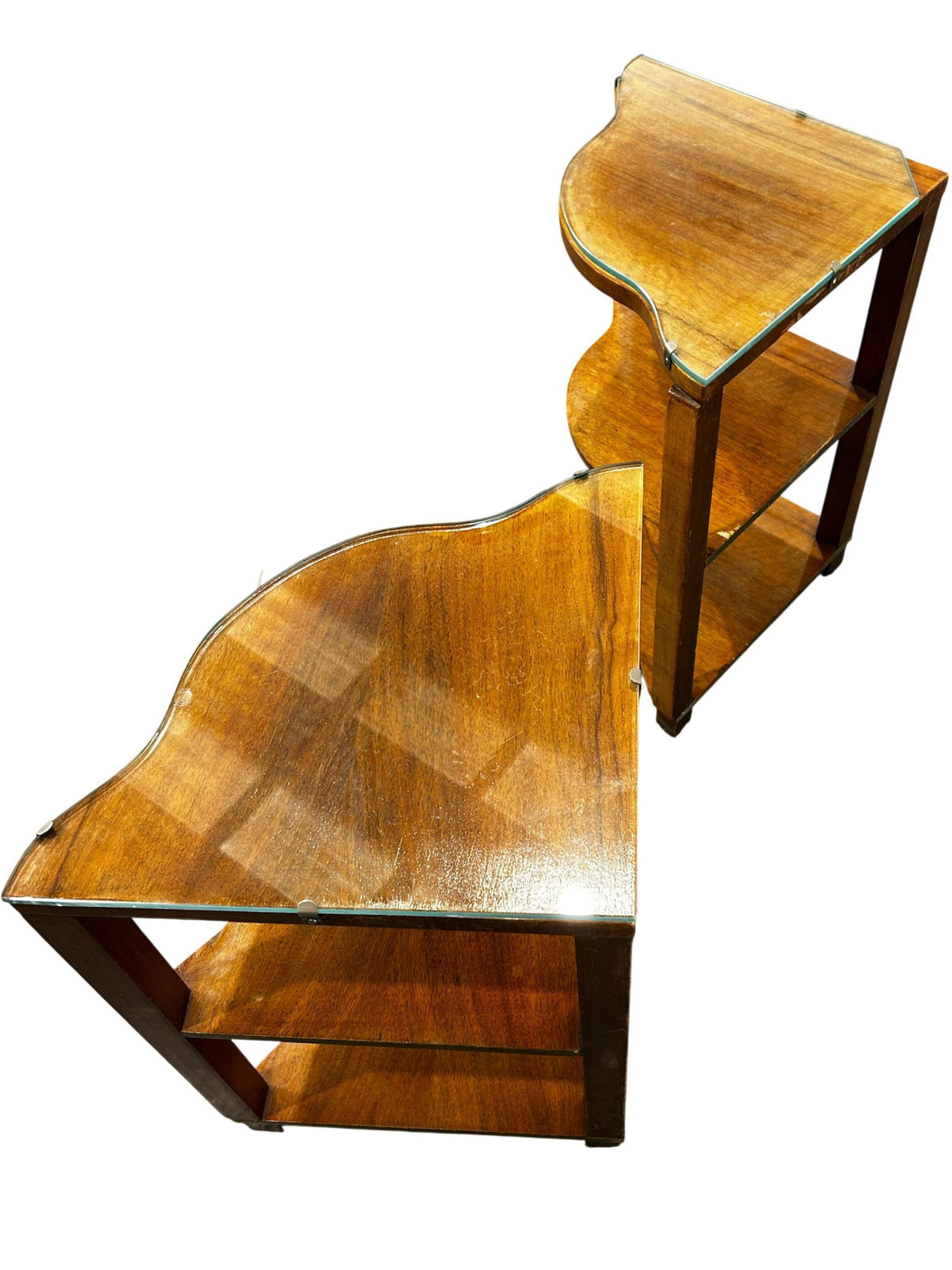 Pair of Wooden 3-Tier Corner Tables with Glass Tops (Pre-Loved)