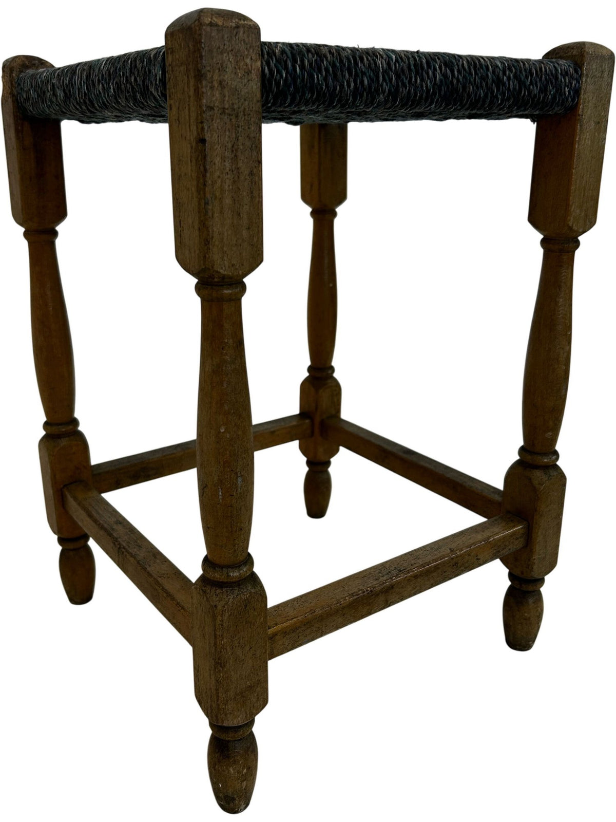 Wooden Stool Woven Rush Seat Turned Legs Square Footstool Brown (Pre-Loved)