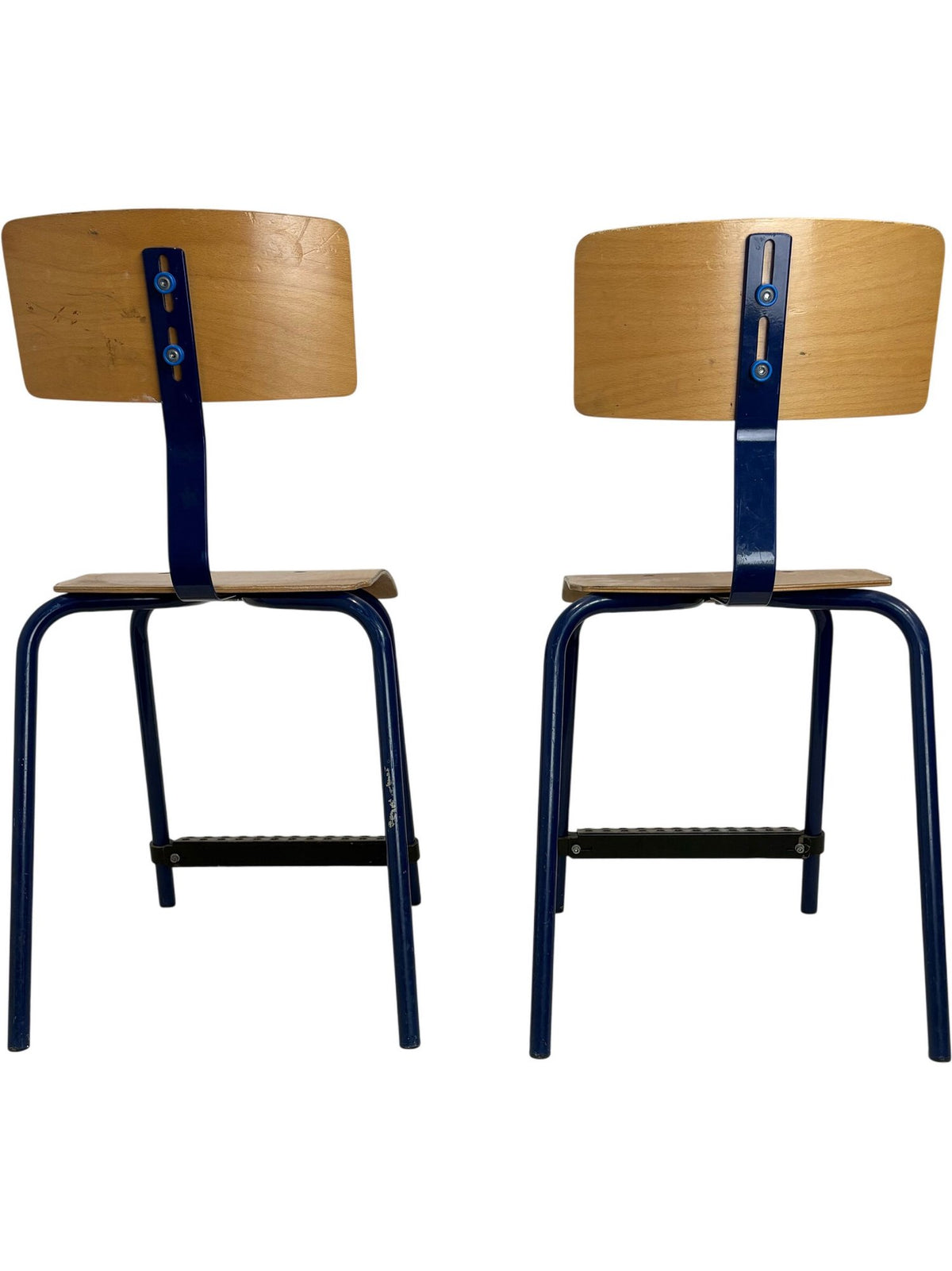 Vintage Wooden School Chairs with Blue Metal Legs (Pre-Loved)