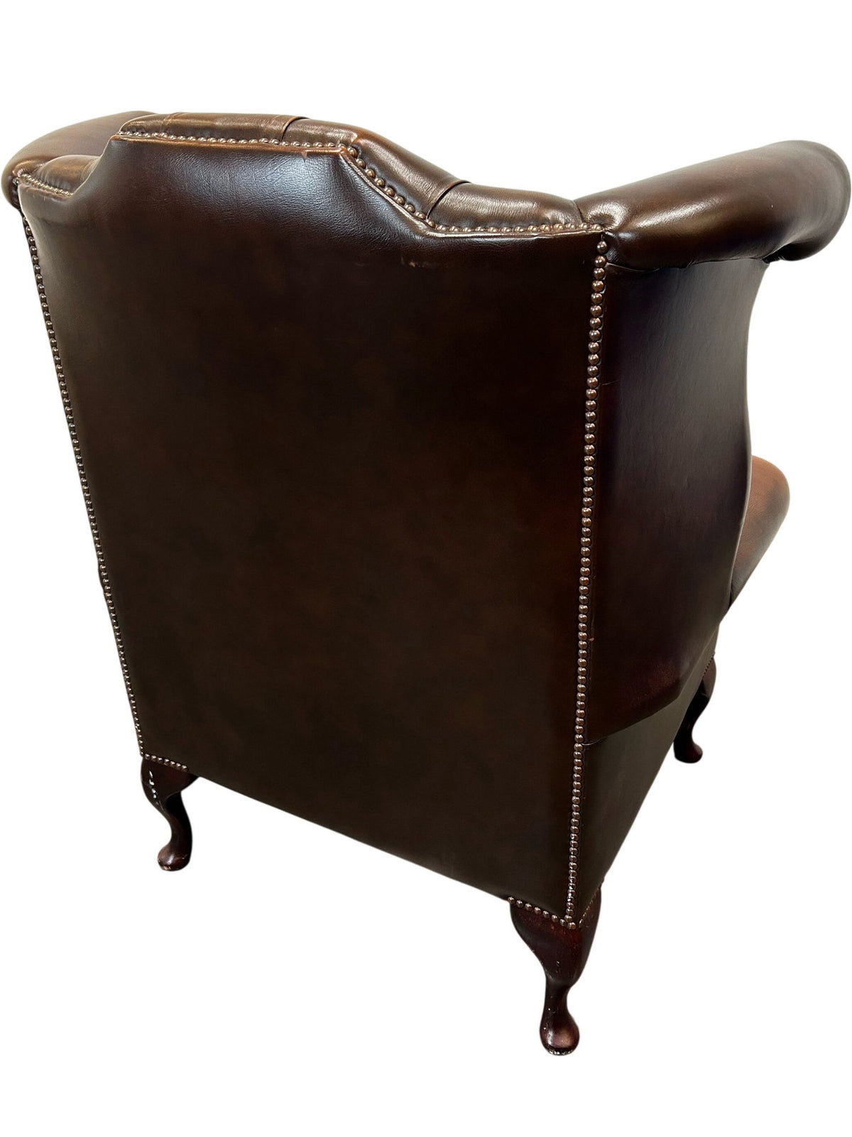 Vintage Wingback Armchair Button Tufted Brown Studded Trim (Pre-Loved)
