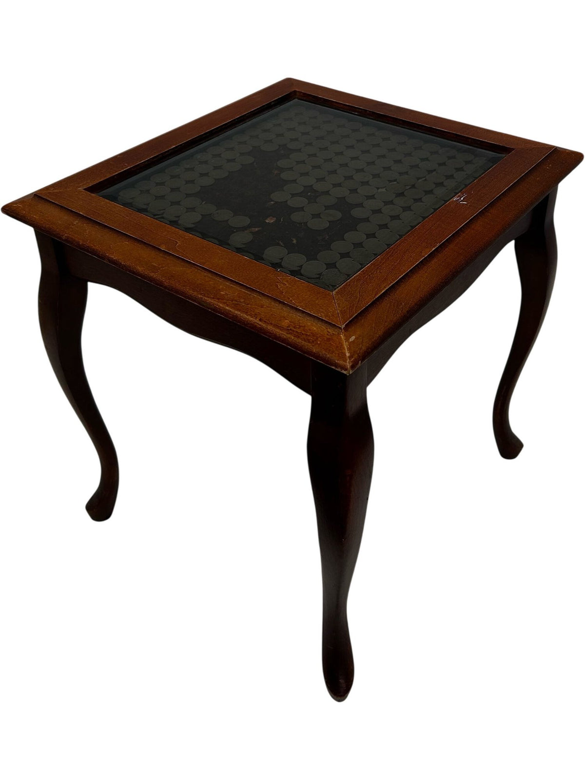 Wooden Coin Display Side Table Glass Top Brown Traditional Style (Pre-Loved)