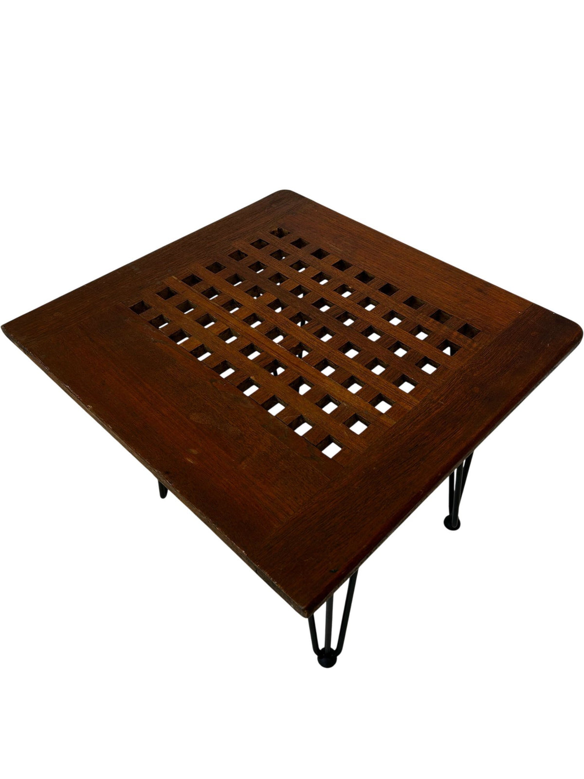 Wooden Lattice Top Side Table Black Hairpin Legs Vintage Style (Pre-Loved)