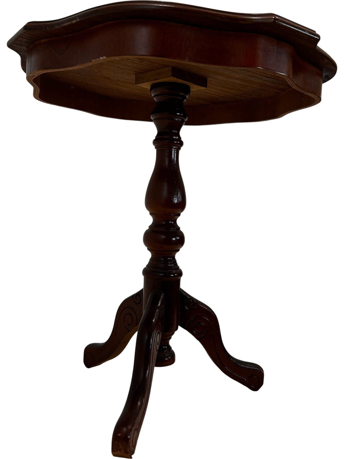 Vintage Wooden Pedestal Side Table Scalloped Top Tripod Base Brown (Pre-Loved)