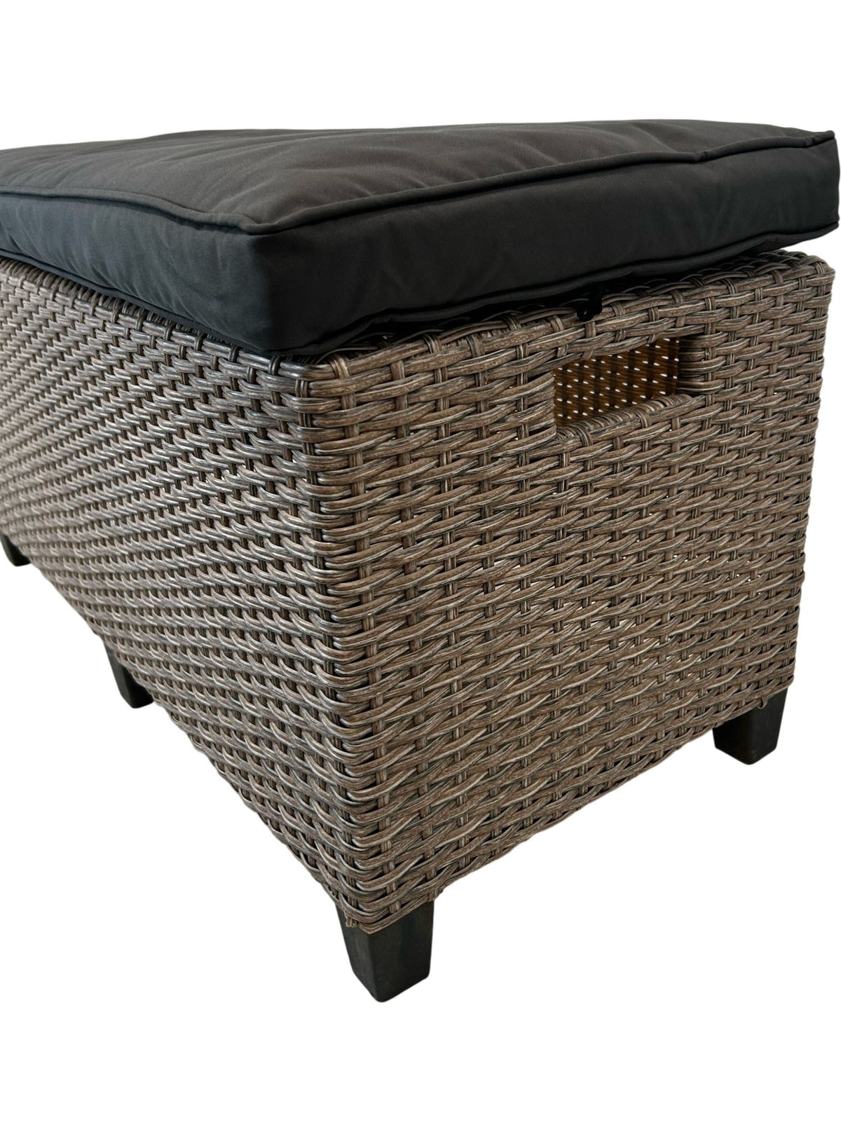 Outdoor Rattan Effect Storage Bench Ottoman Black Cushion Garden (Pre-Loved)