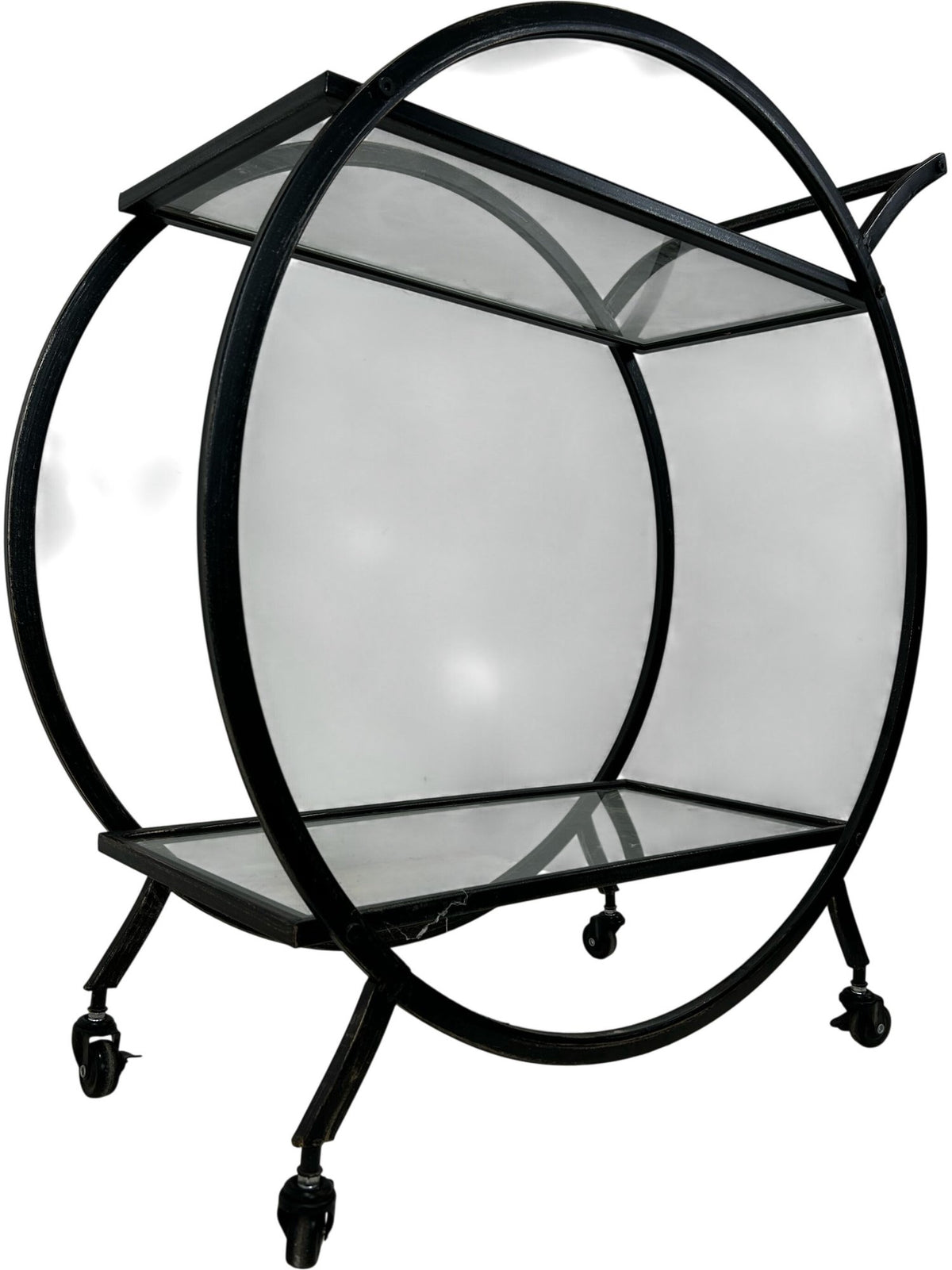 Black Metal Drinks Trolley Bar Cart 2 Glass Shelves Round Frame (Pre-Loved)