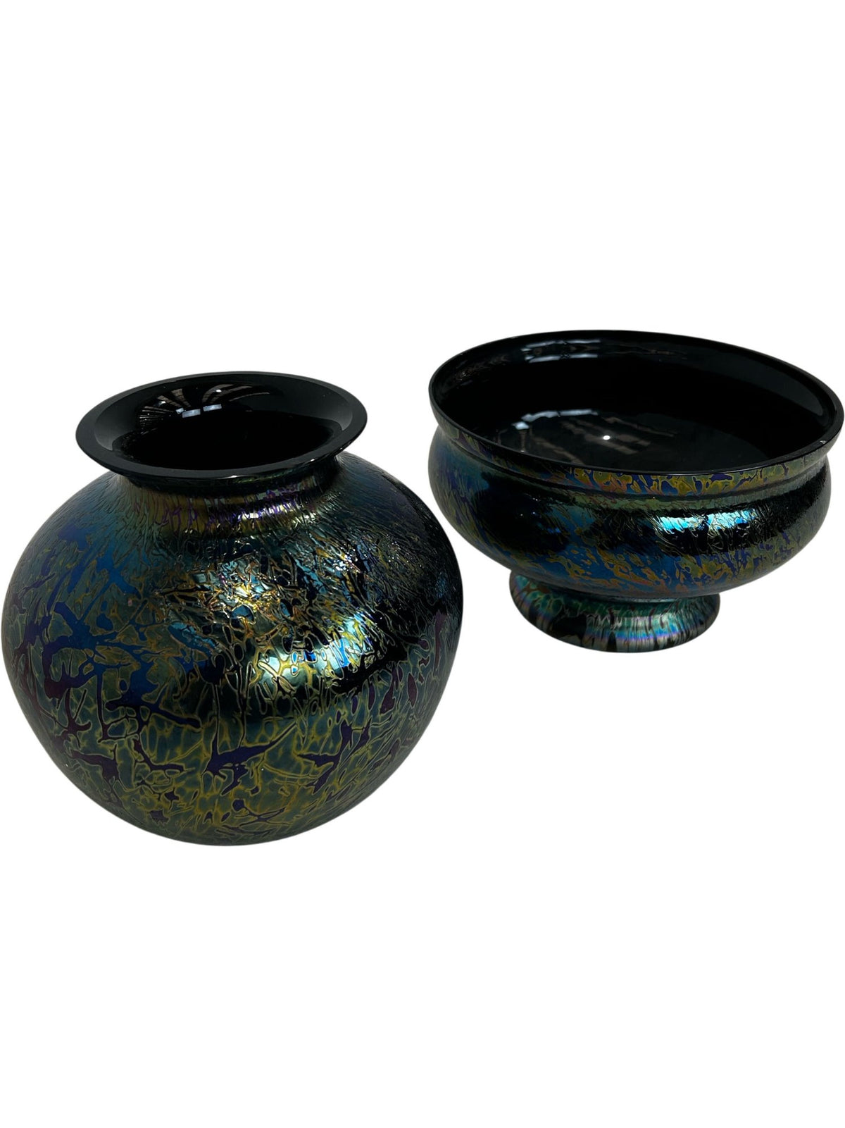 Iridescent Art Glass Vase & Footed Bowl Set Decorative Glass (Pre-Loved)