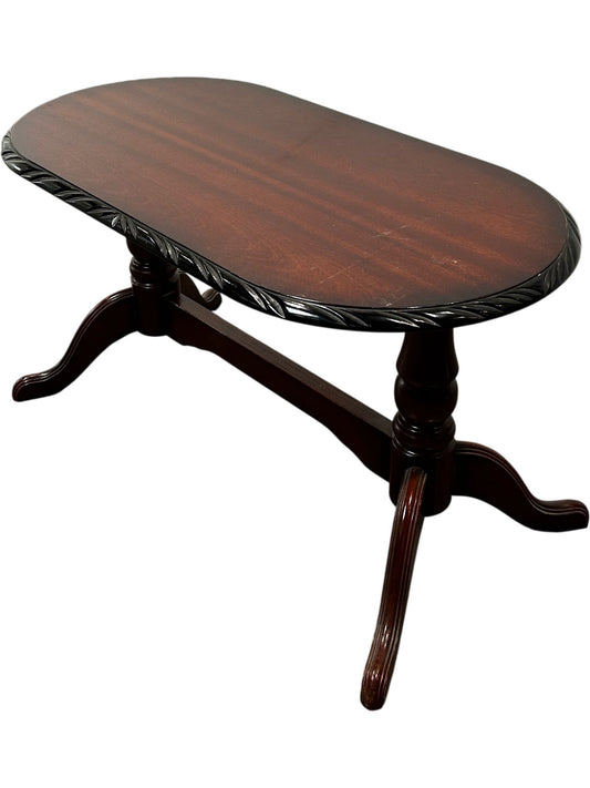 Vintage Oval Coffee Table Carved Edge Pedestal Base Mahogany Style (Pre-Loved)