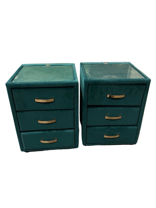 Dark Turquoise Emerald Glass Top Velvet Bedside Tables (Pre-Loved)
