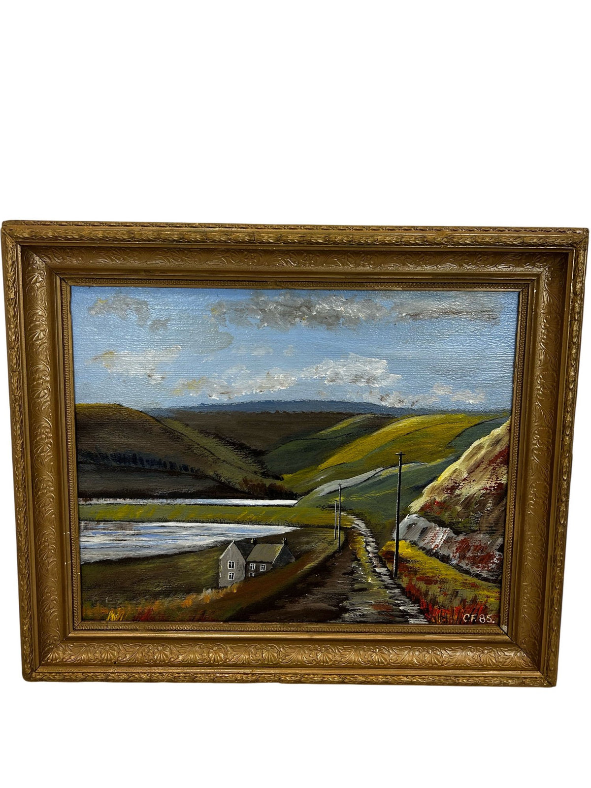 Signed 1985 Framed Landscape Countryside Painting Gold Frame (Pre-Loved)