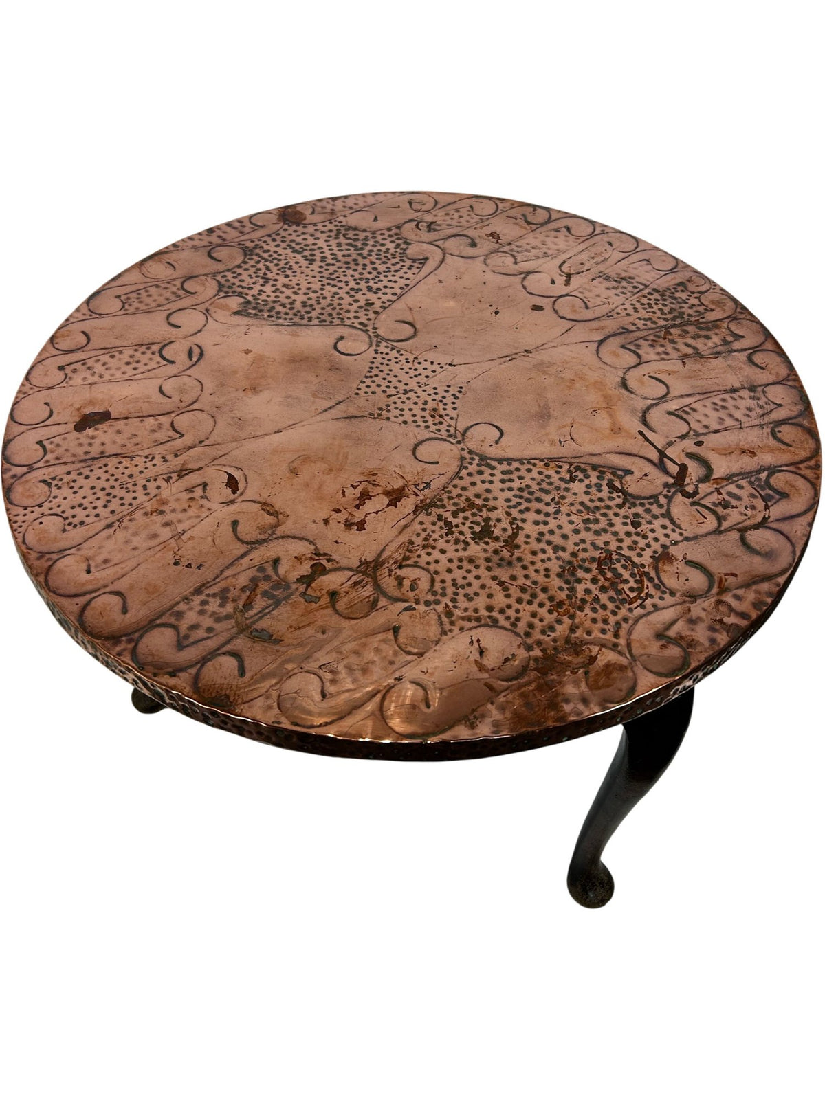 Vintage Round Etched Copper Coffee Table 3 Leg Metal Boho Rustic (Pre-Loved)