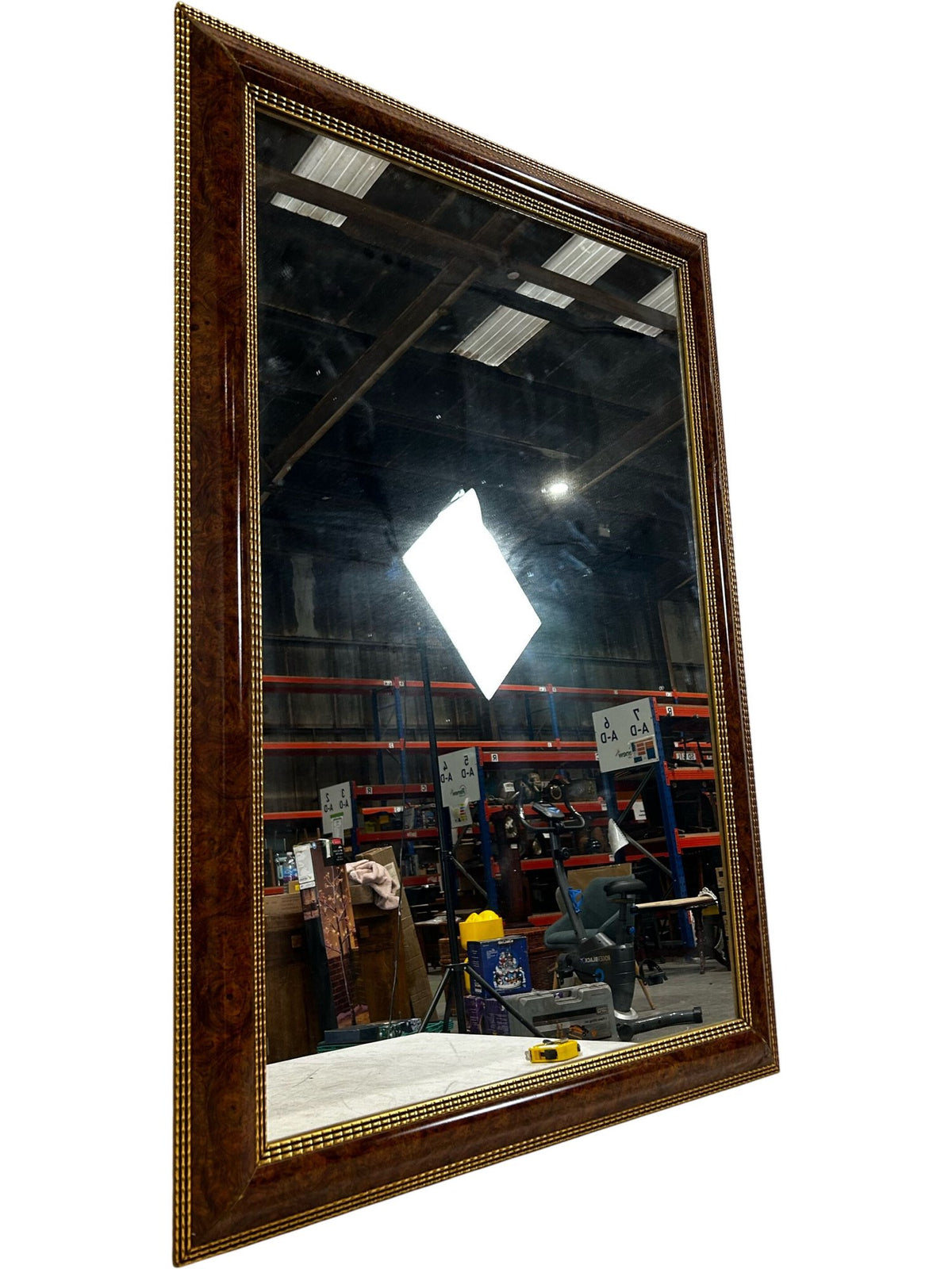 Large Vintage Style Brown Wood Effect Gold Trim Wall Mirror 99cm (Pre-Loved)