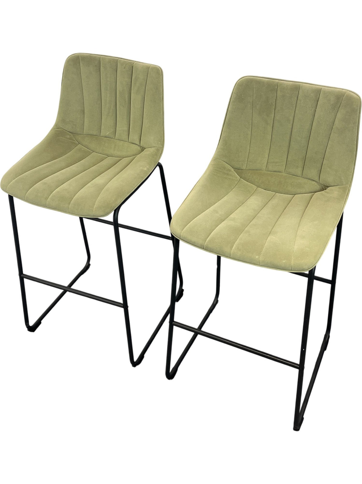 Pair Of Green Upholstered Bar Stools Black Metal Frame (Pre-Loved)