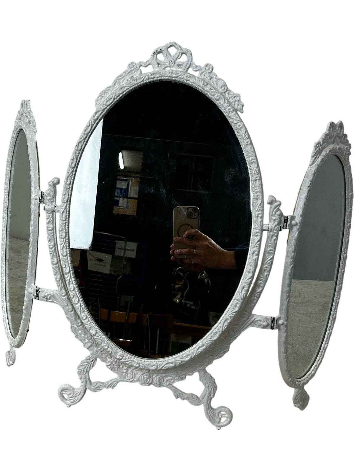 Vintage Triple Oval Vanity Dressing Table Mirror Ornate White Frame (Pre-Loved)