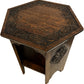 Hexagonal Carved Wooden Side Table with Lower Shelf Dark Oak Style (Pre-Loved)