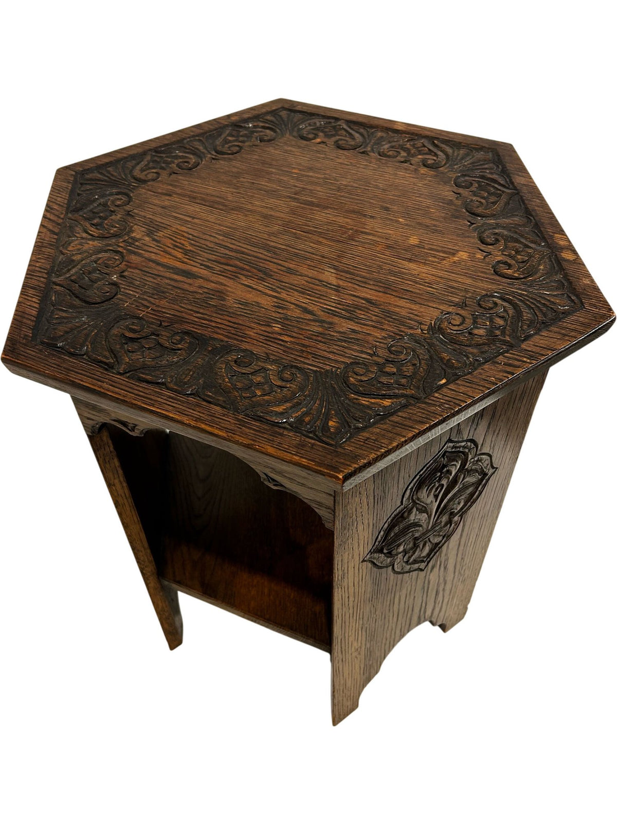 Hexagonal Carved Wooden Side Table with Lower Shelf Dark Oak Style (Pre-Loved)