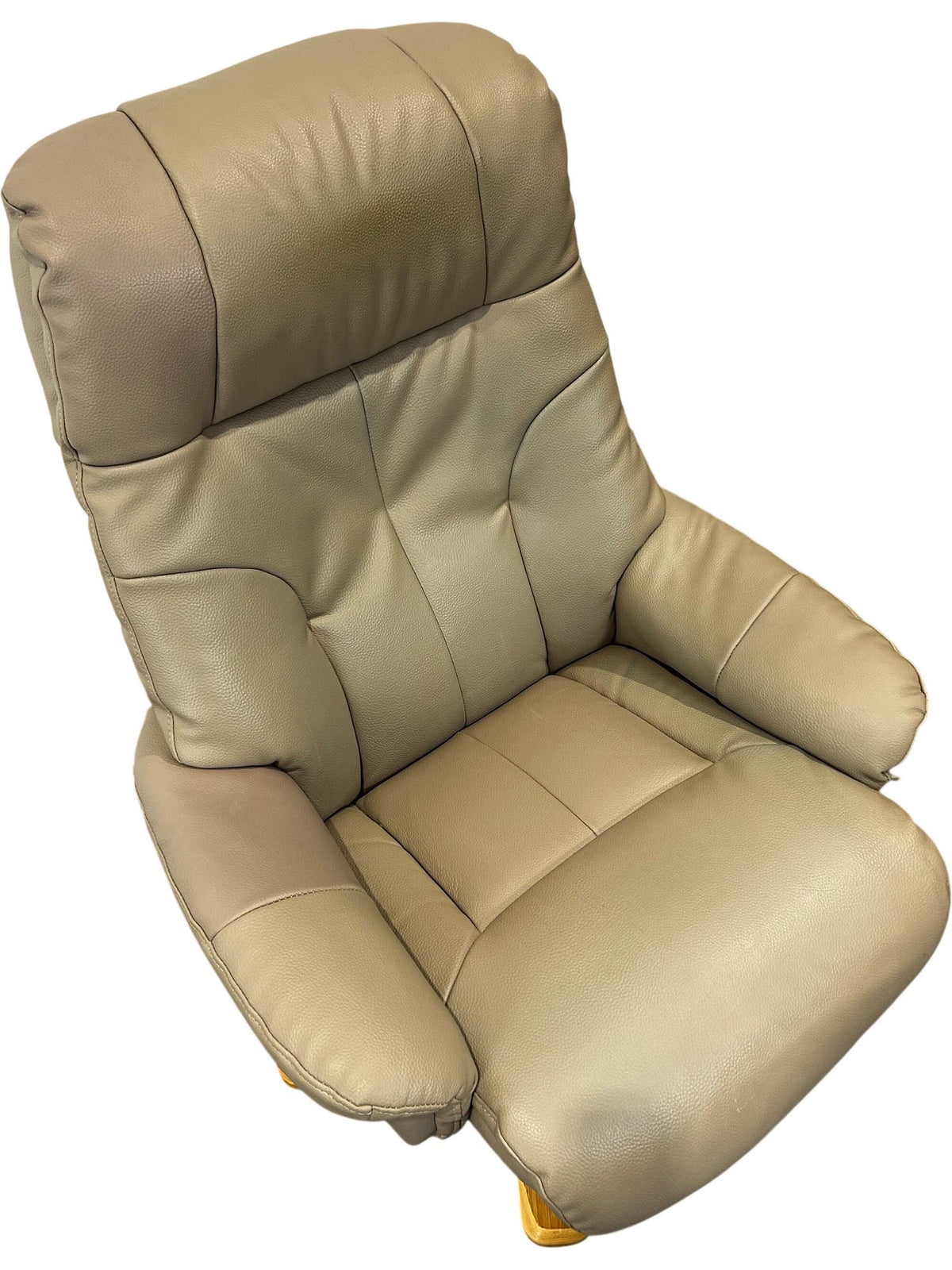 Beige High Back Swivel Recliner Armchair with Wooden Base (Pre-Loved)