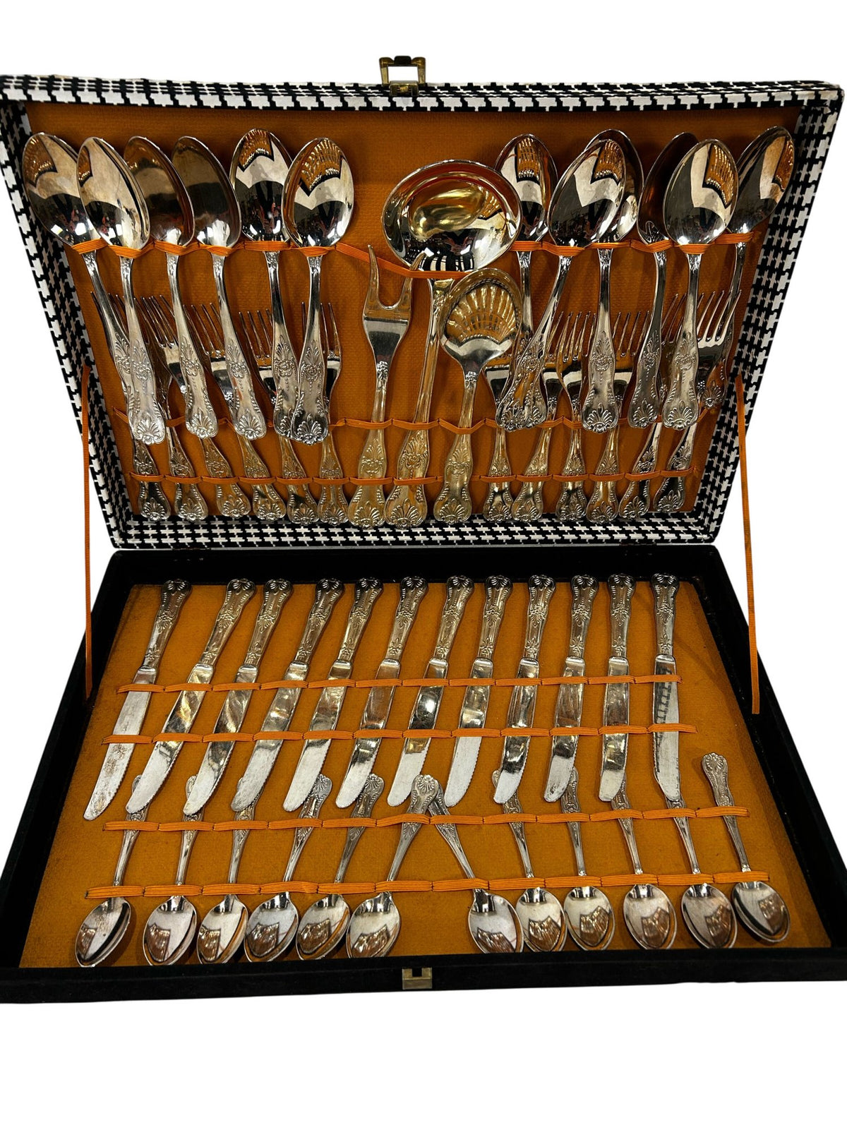 Vintage Ornate Cutlery Set in Houndstooth Canteen Case Silver Tone (Pre-Loved)