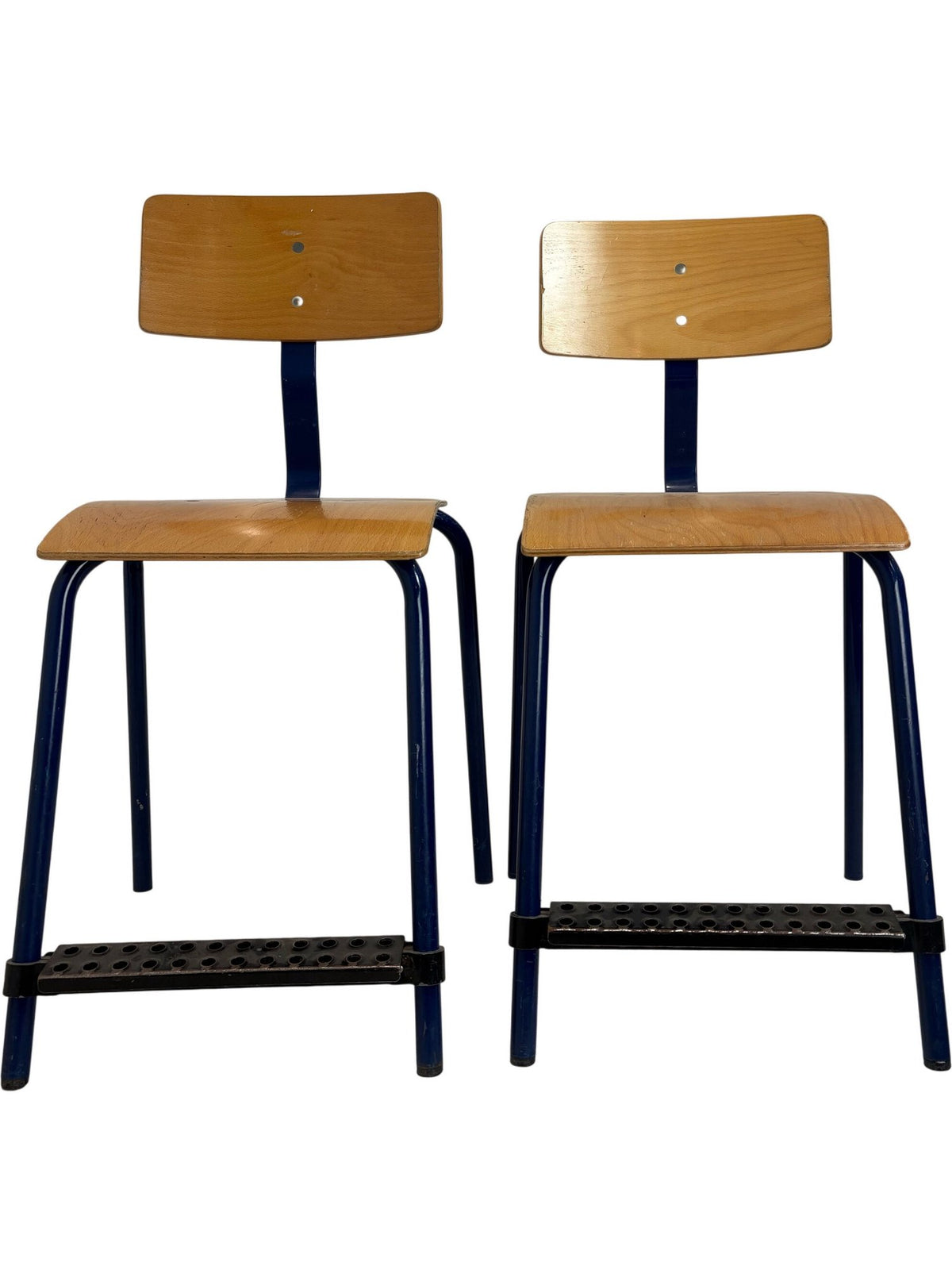 Vintage Wooden School Chairs with Blue Metal Legs (Pre-Loved)