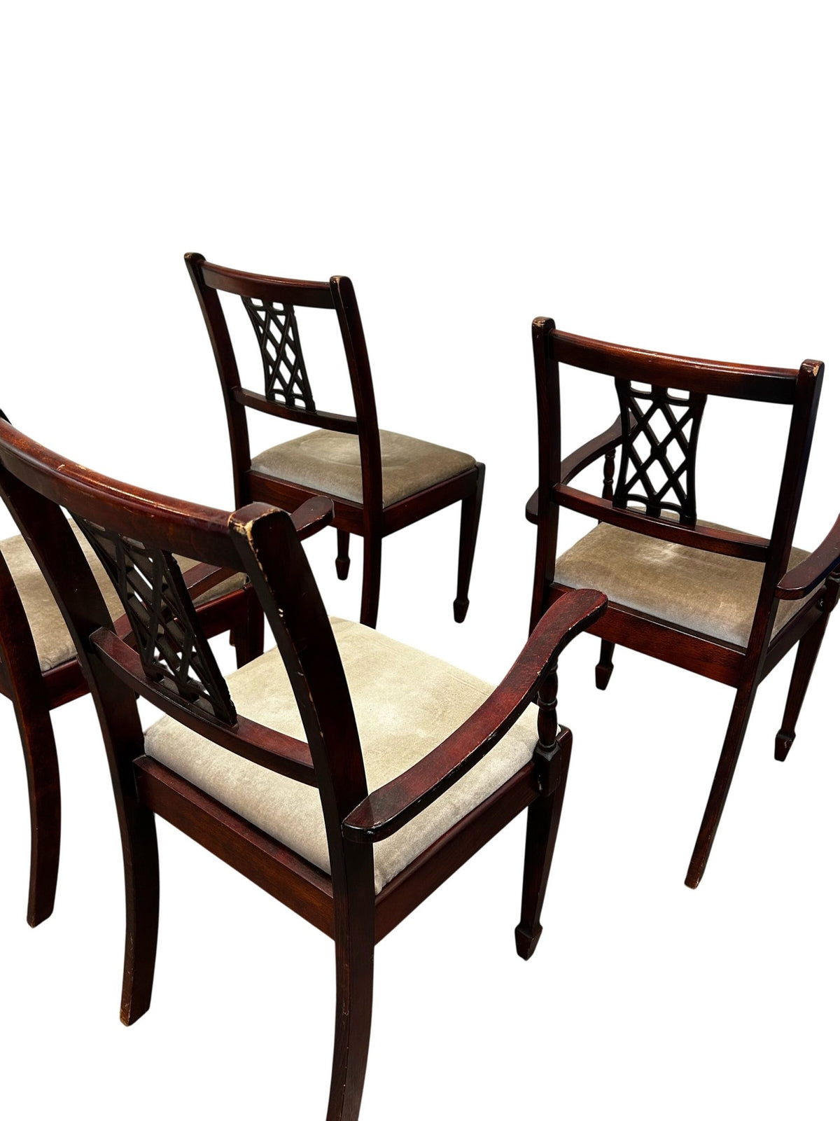 Set of 4Wooden Armchairs Upholstered Seats Lattice Back Antique Style(Pre-Loved)