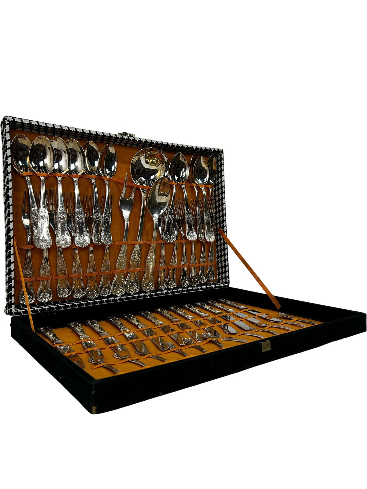 Vintage Ornate Cutlery Set in Houndstooth Canteen Case Silver Tone (Pre-Loved)