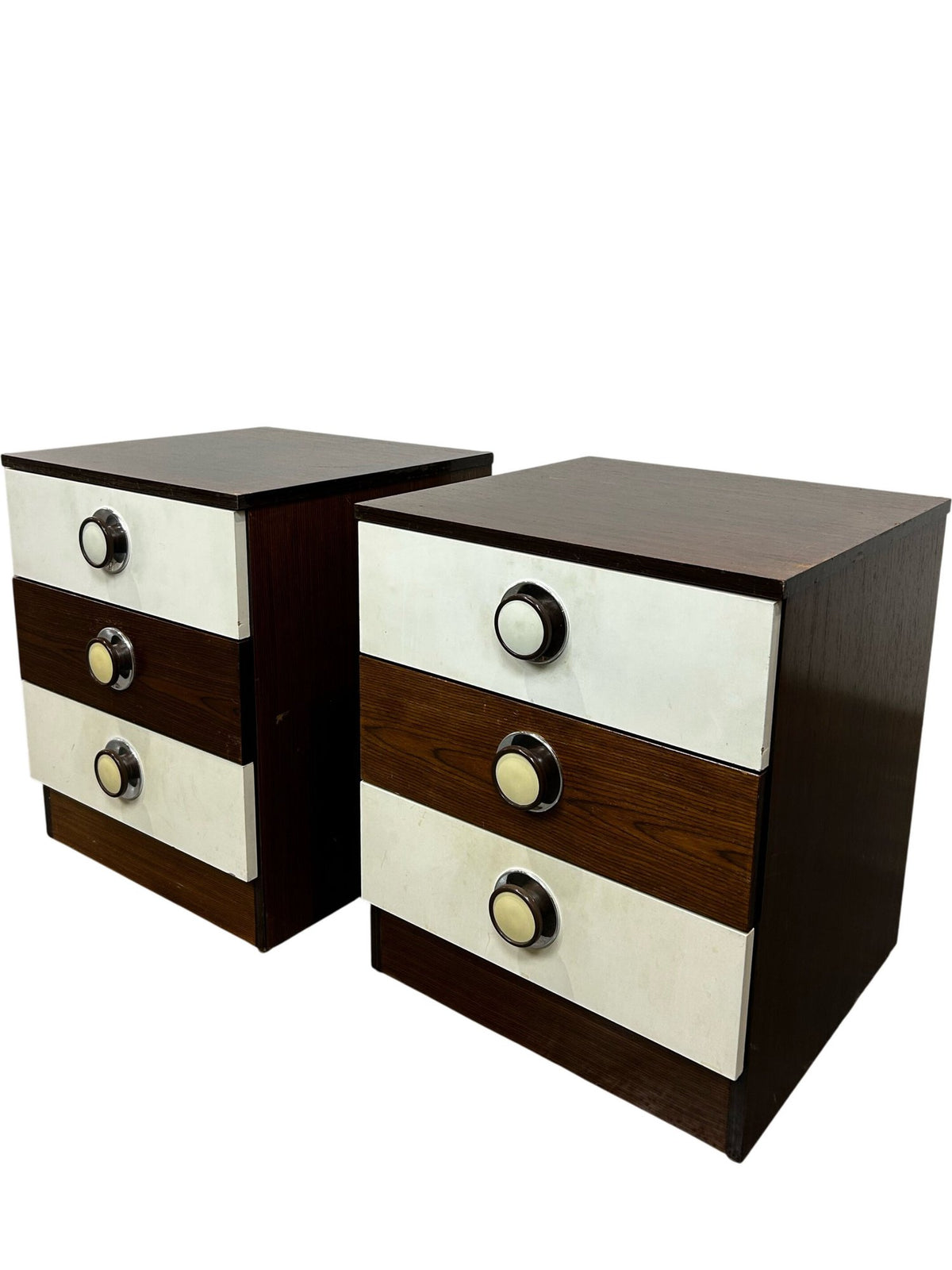 Pair of Retro 3 Drawer Bedside Cabinets Brown & Cream (Pre-Loved)