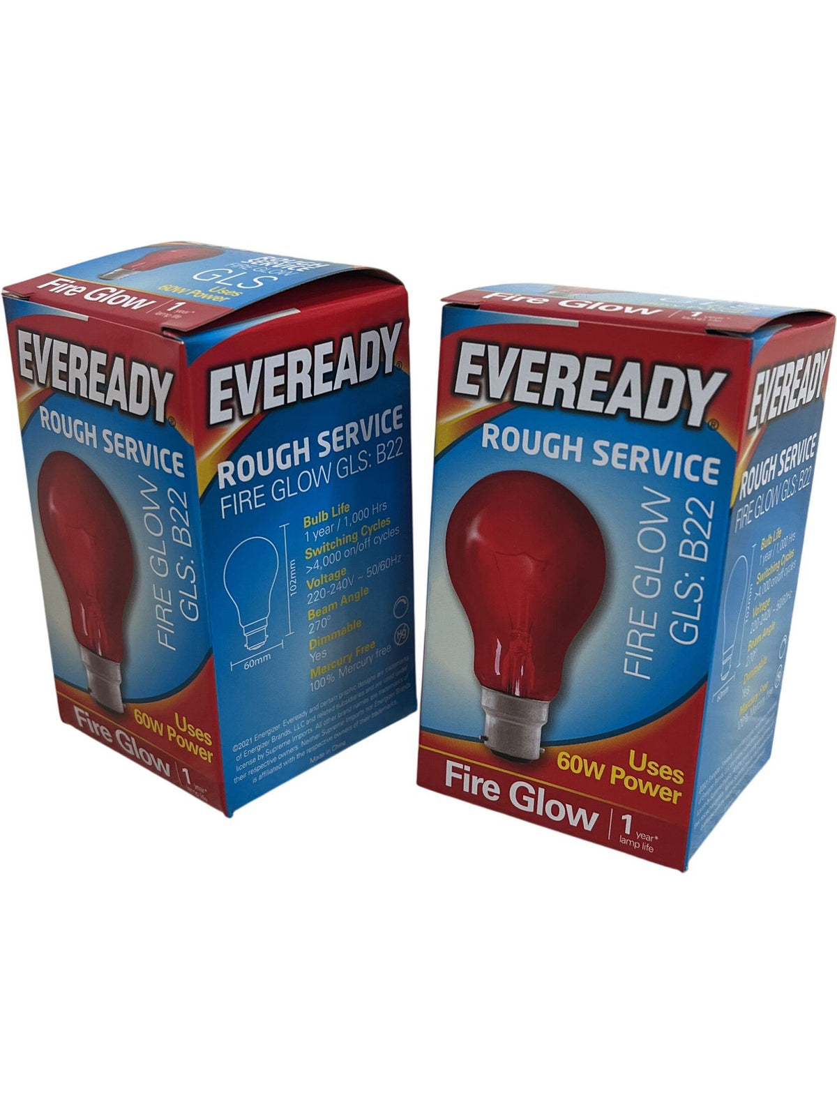 Pair Of Eveready Red Fire Glow Rough Service Bulb B22 60W (Unused)