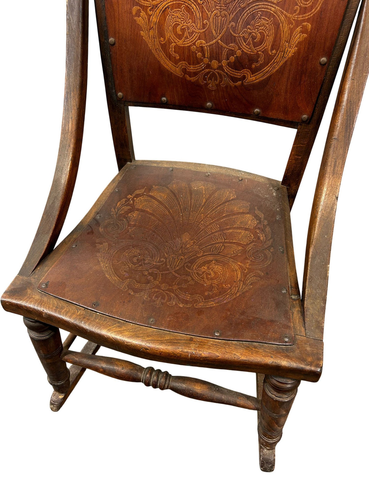 Carved Wooden Rocking Chair Floral Back Turned Legs Traditional (Pre-Loved)