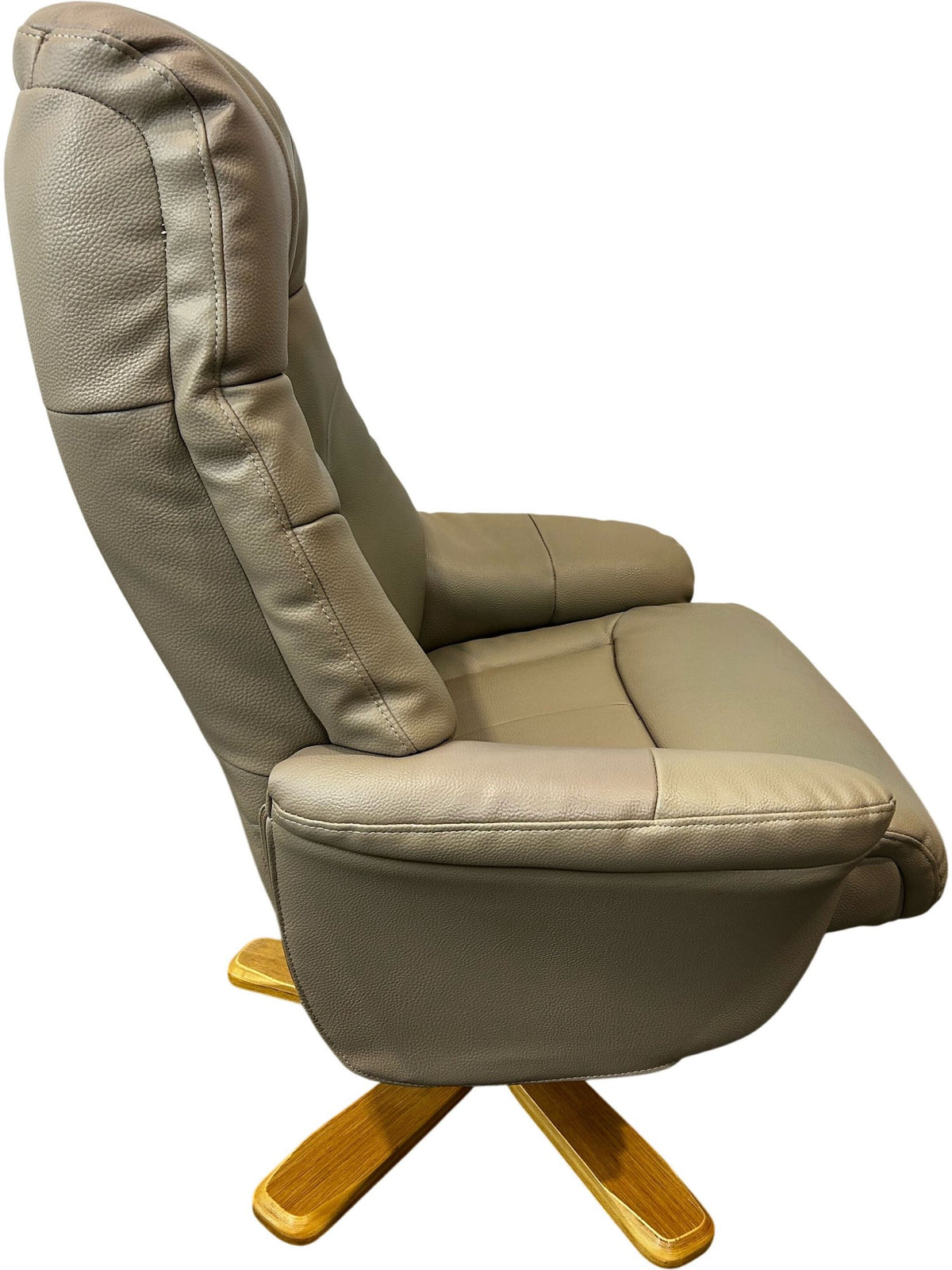 Beige High Back Swivel Recliner Armchair with Wooden Base (Pre-Loved)
