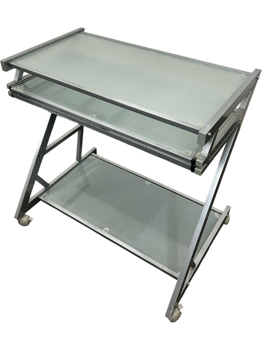 Glass Computer Desk with Keyboard Tray, Shelf & Wheels (Pre-Loved)