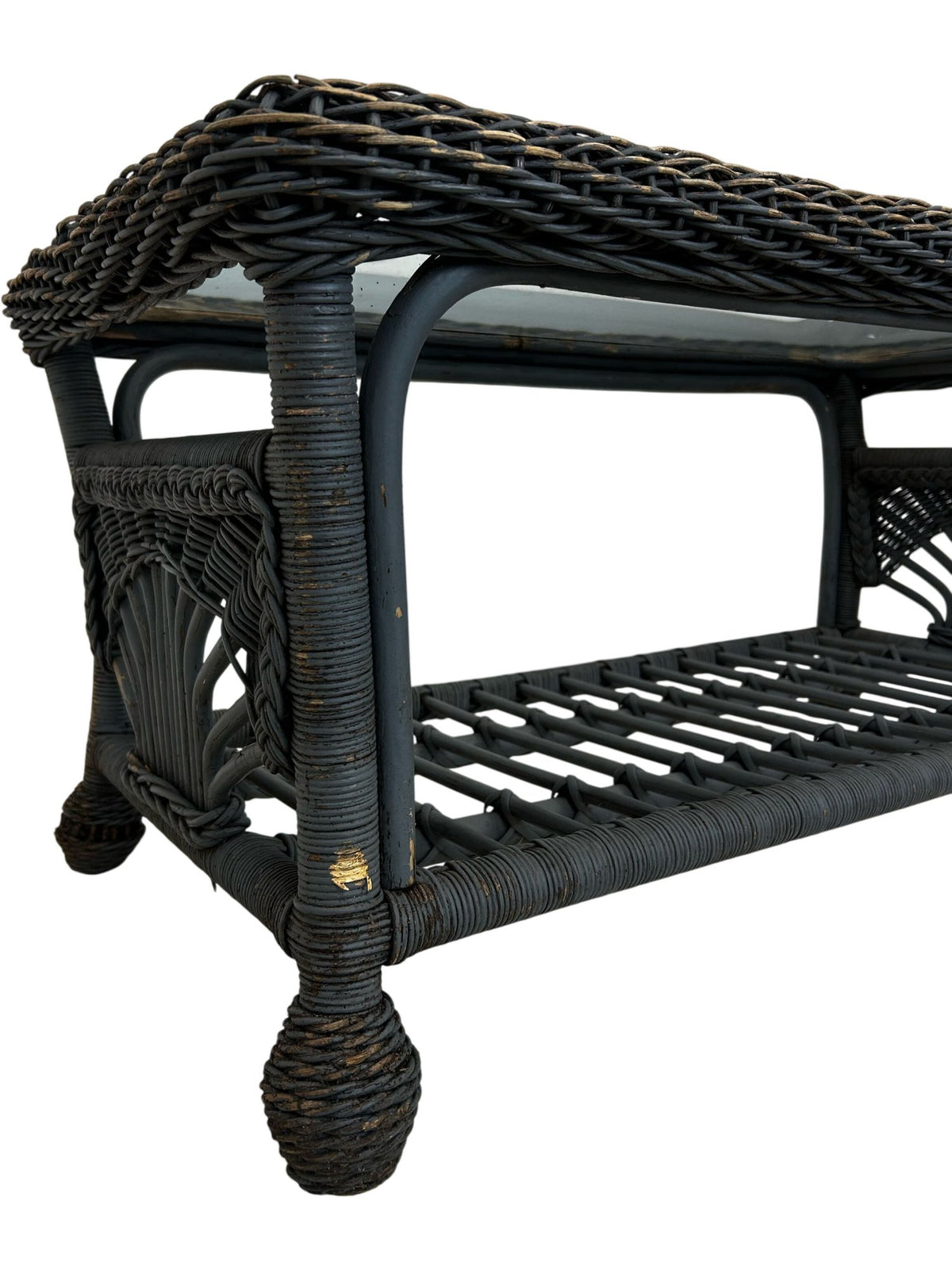 PE Rattan Garden Coffee Table Glass Top Lower Shelf Patio (Pre-Loved)