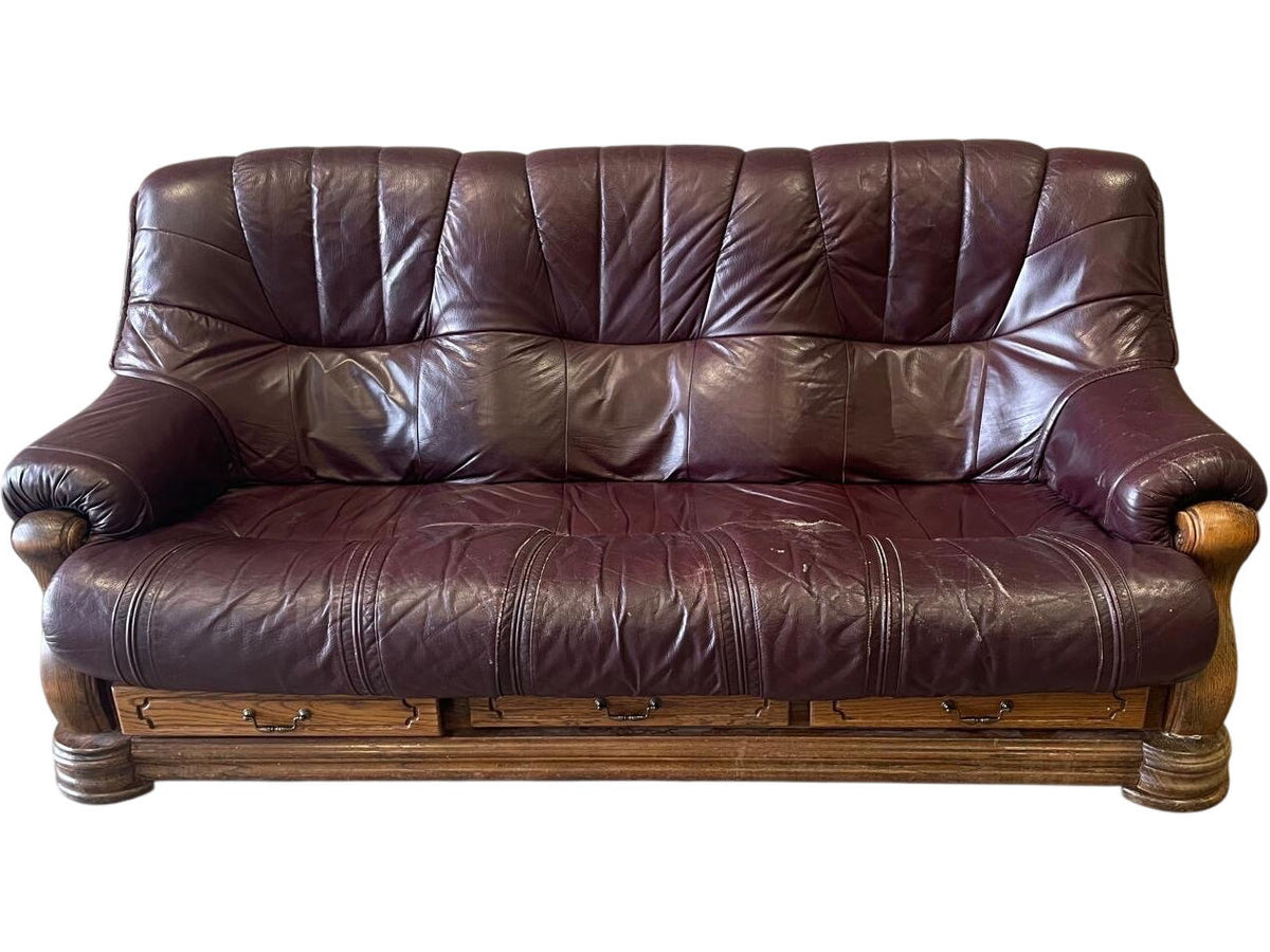 Vintage Purple Leather Sofa Solid Wood Base (Pre-Loved)