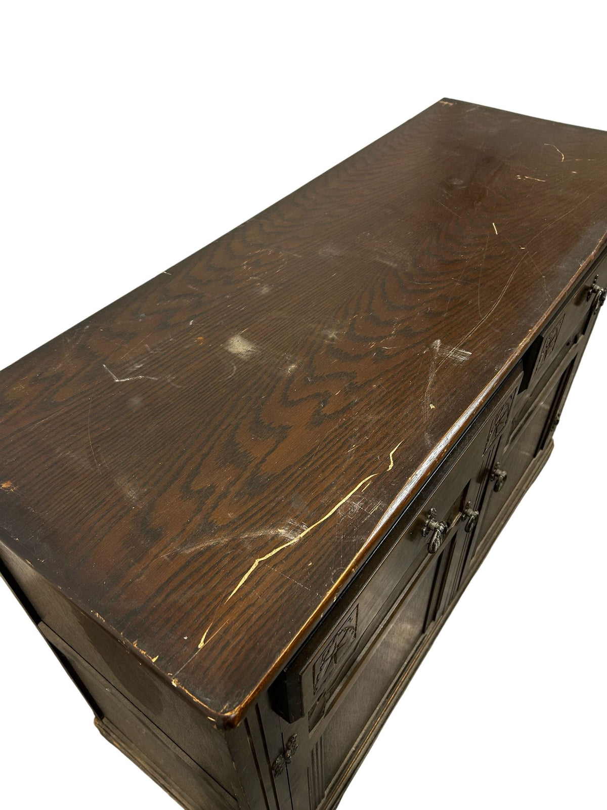 Dark Wood Sideboard with 2 Drawers 2 Door Cupboard Carved Detail (Pre-Loved)