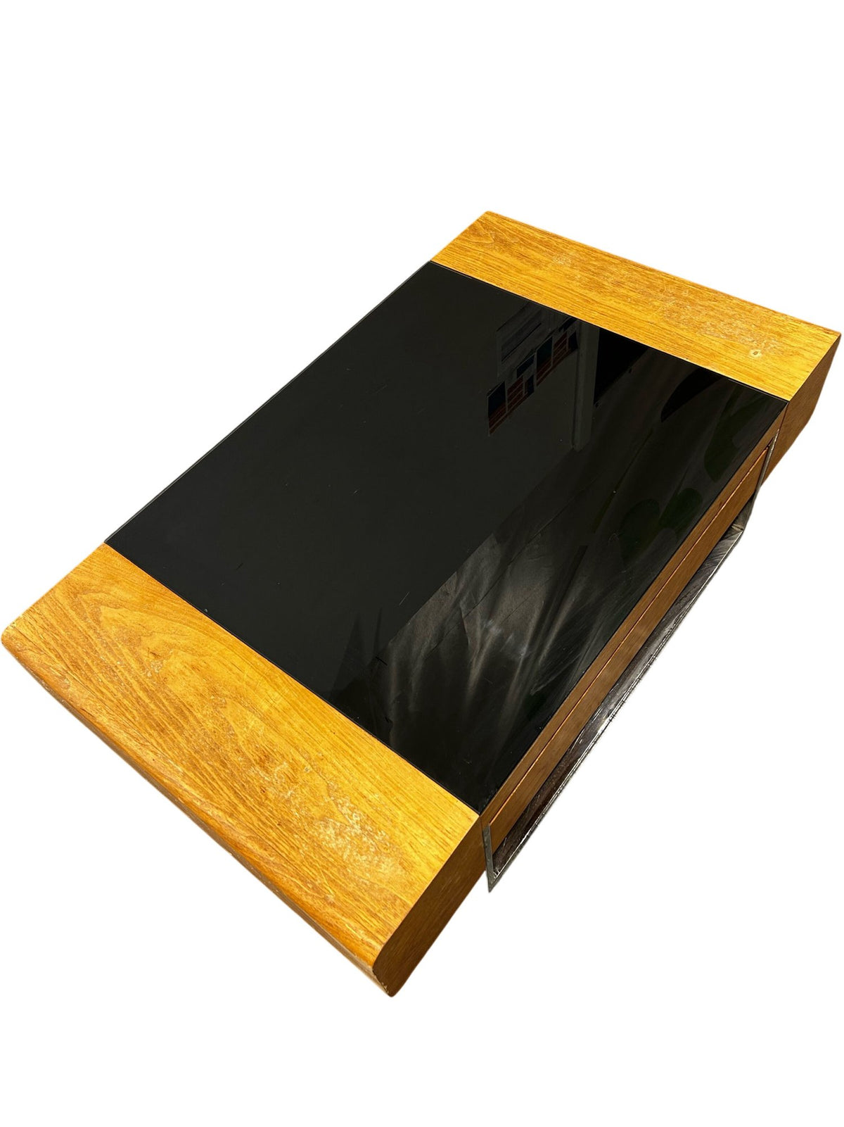Large Black Glass Coffee Table Wood Finish Storage Chrome Frame (Pre-Loved)