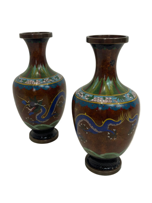 Pair Of Vintage Chinese Cloisonne Style Vases (Pre-Loved)