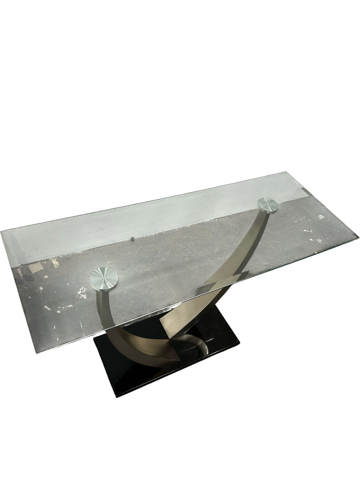 Glass Coffee Table Curved Metal Base Black Plinth Modern Living Room (Pre-Loved)