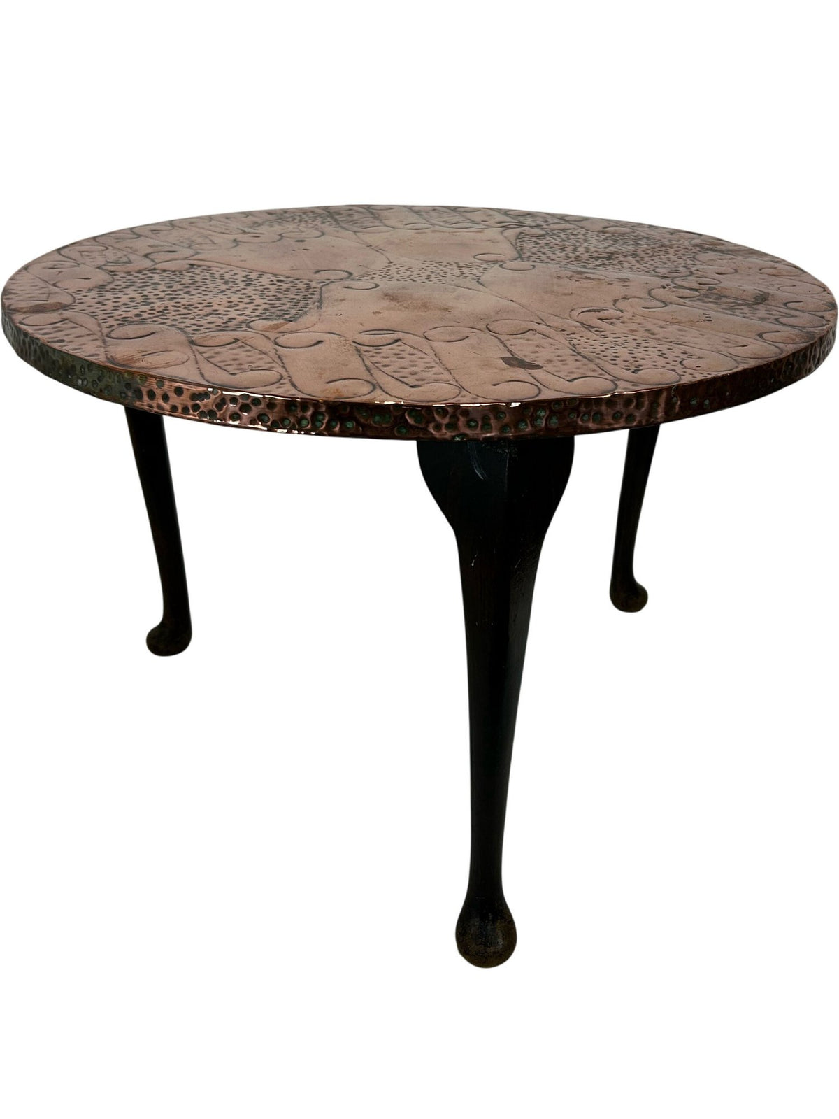 Vintage Round Etched Copper Coffee Table 3 Leg Metal Boho Rustic (Pre-Loved)
