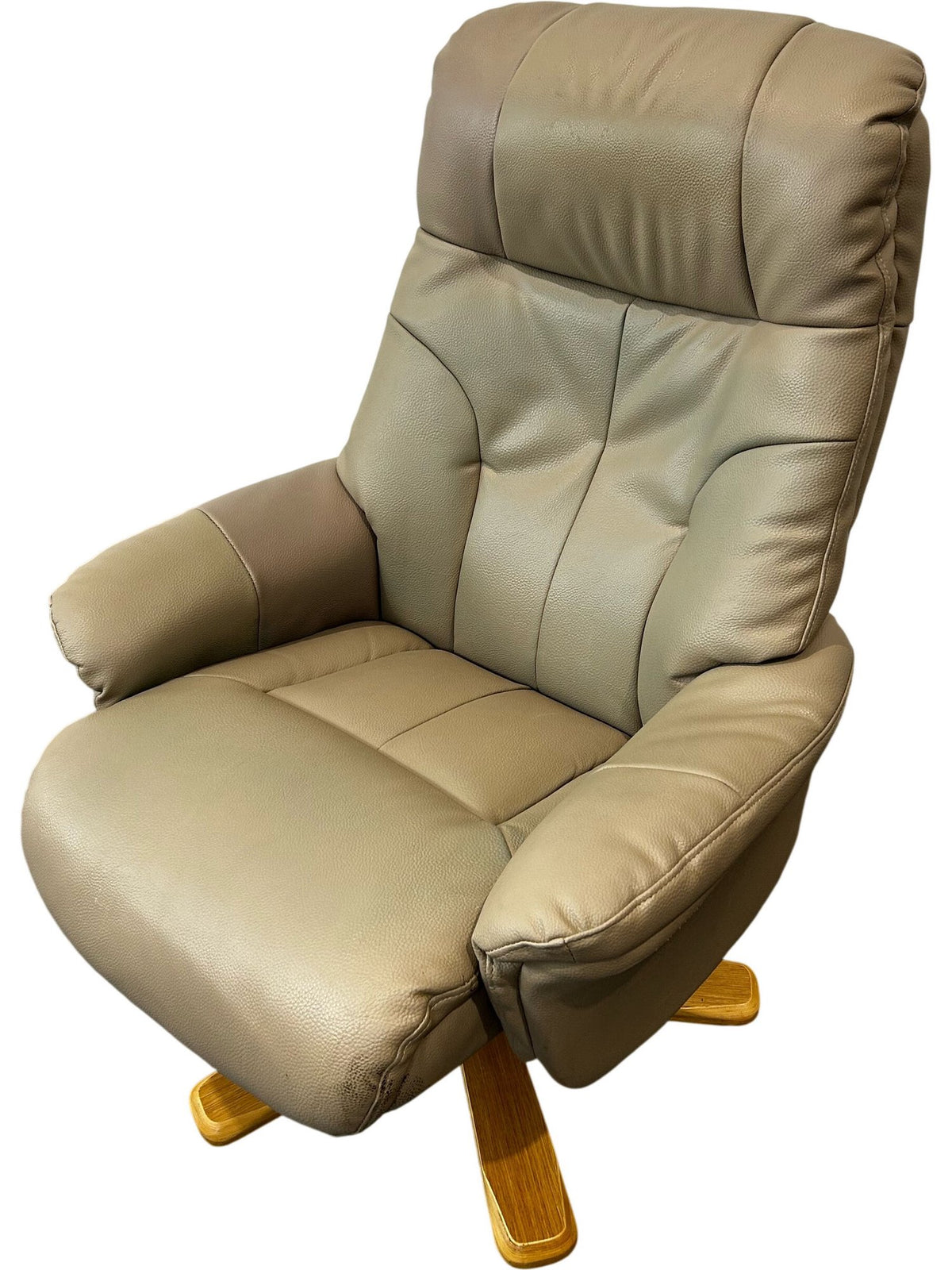 Beige High Back Swivel Recliner Armchair with Wooden Base (Pre-Loved)
