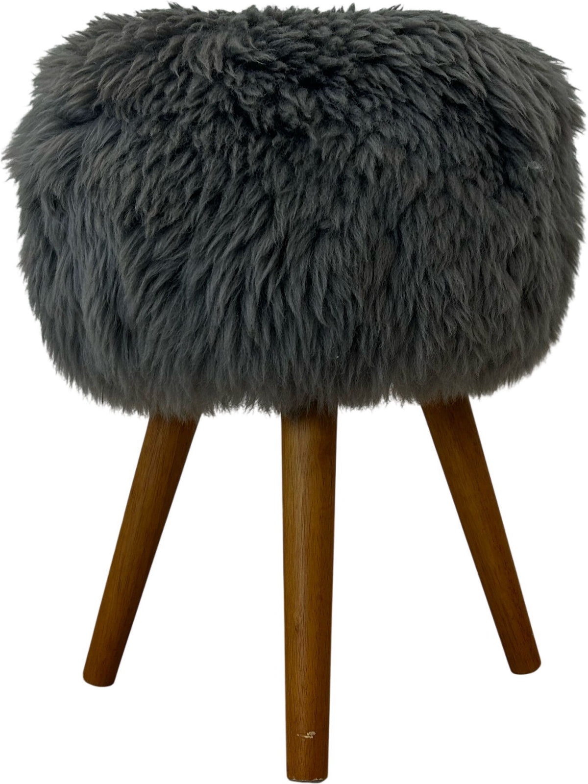 Grey Faux Fur Round Footstool Ottoman Wooden Legs Bedroom Stool (Pre-Loved)