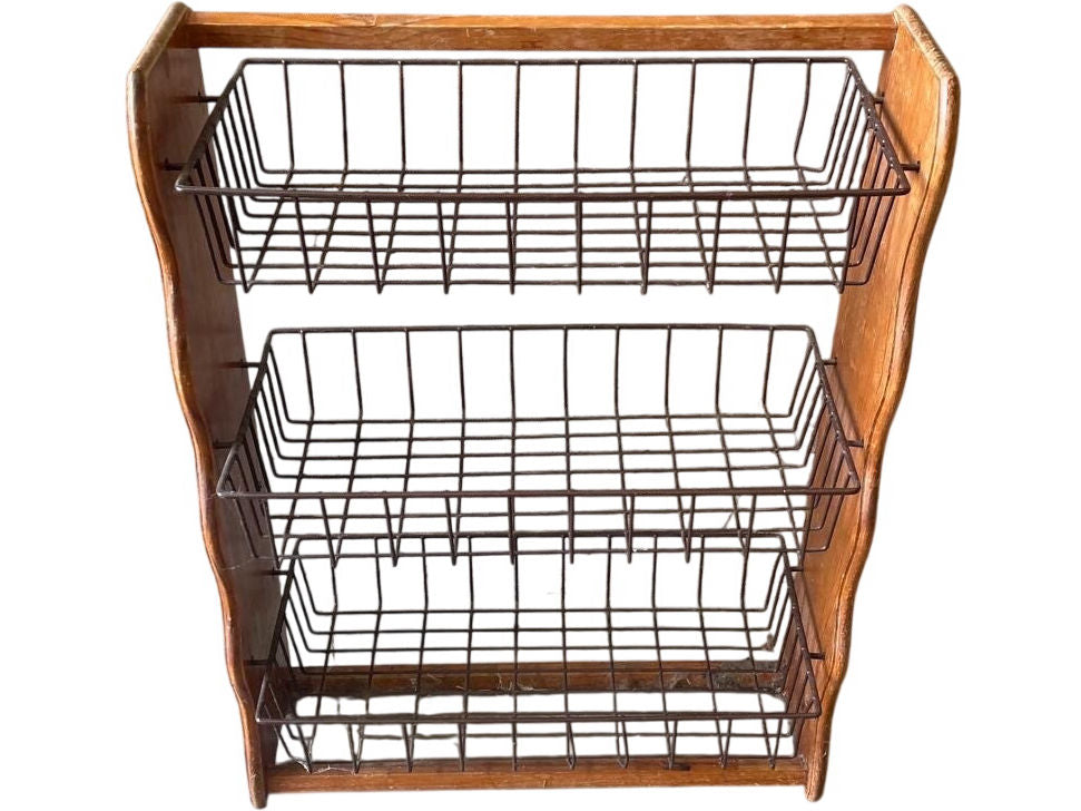 Vintage Wooden Storage Rack with Metal Wire Baskets (Pre-Loved)