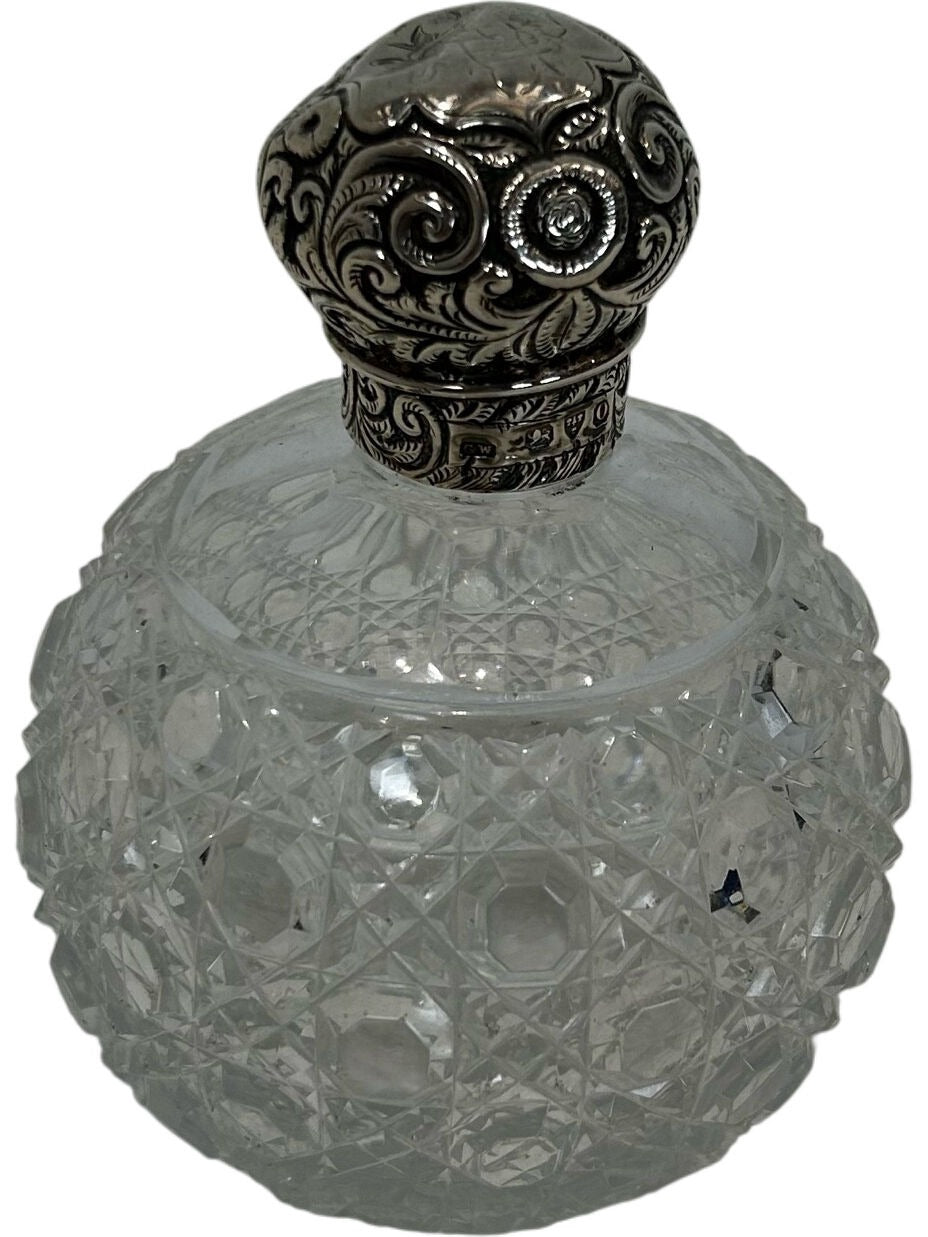 Ornate Cut Glass Perfume Bottle with Decorative Silver-Tone Cap (Pre-Loved)