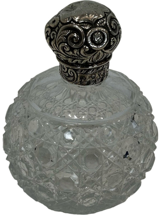 Ornate Cut Glass Perfume Bottle with Decorative Silver-Tone Cap (Pre-Loved)