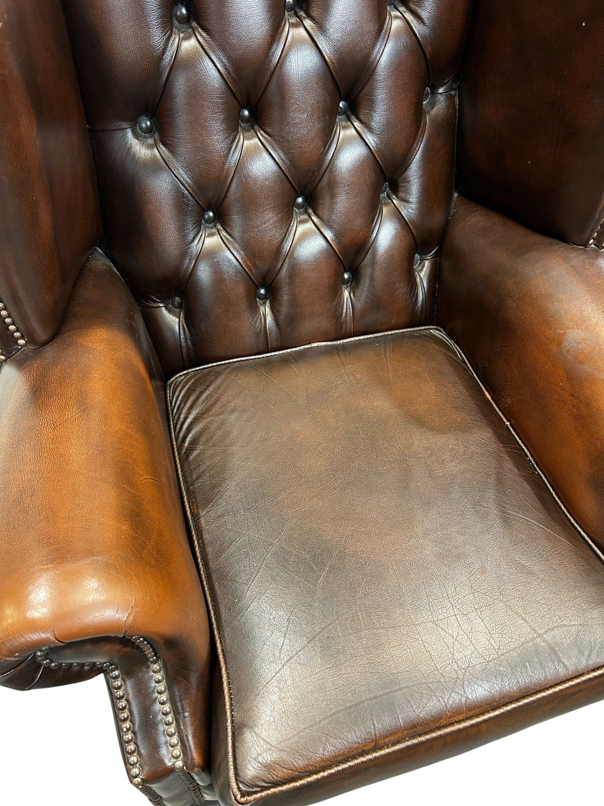Vintage Wingback Armchair Button Tufted Brown Studded Trim (Pre-Loved)