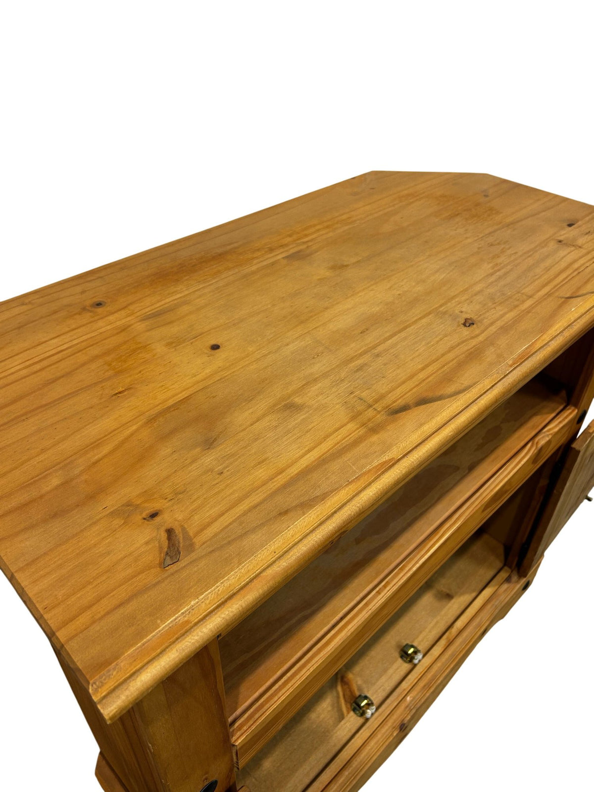 Rustic Pine Corner TV Stand with 2 Door Cupboard & Open Shelf (Pre-Loved)