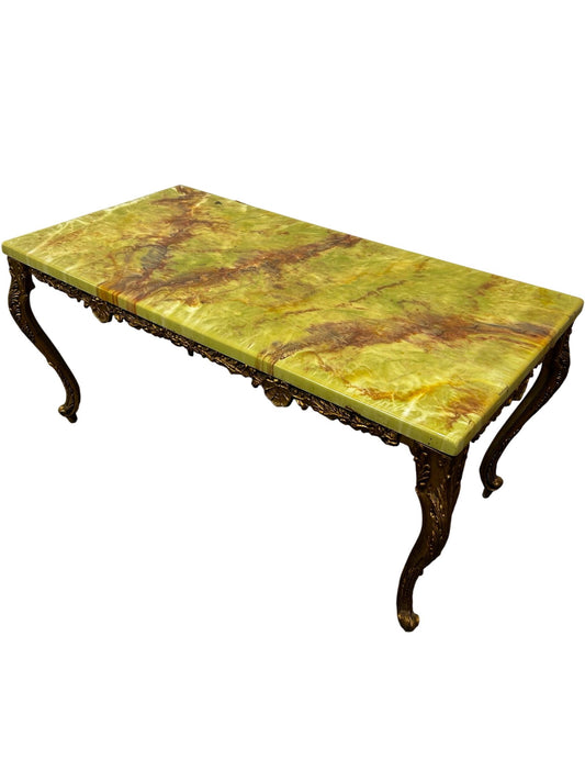 Vintage Green Onyx Marble Coffee Table with Ornate Brass-Tone Base (Pre-Loved)