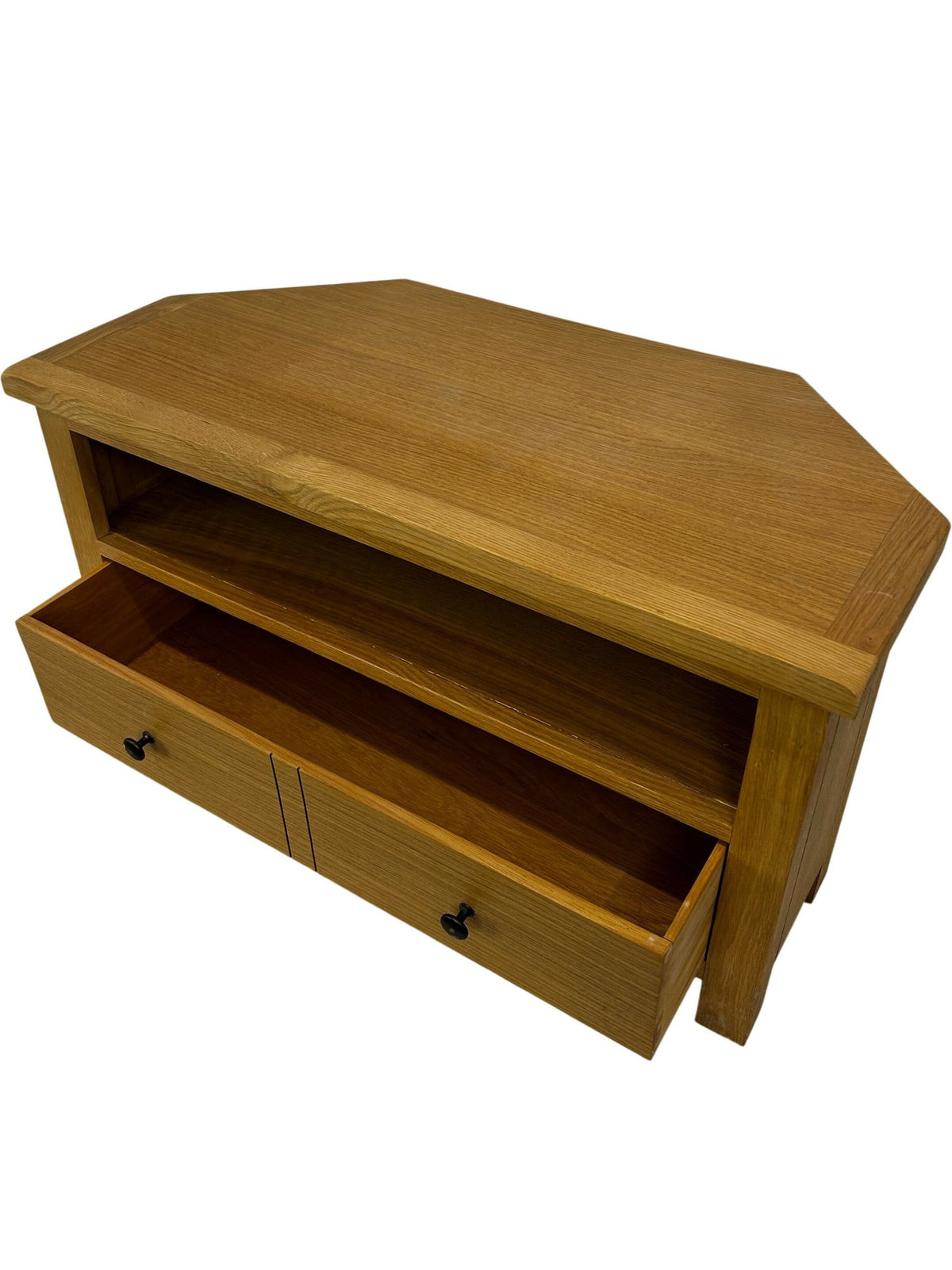 Oak Effect Corner TV Stand Media Unit Drawer Open Shelf Storage (Pre-Loved)