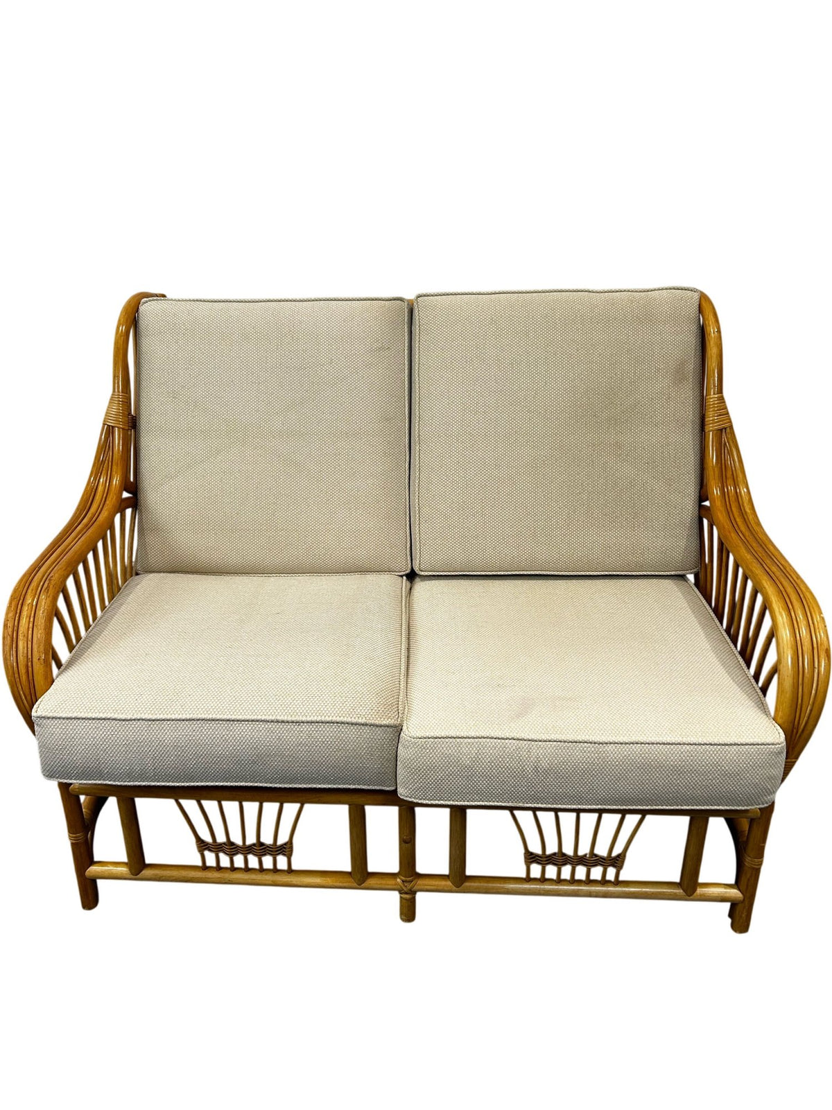 Rattan Two-Seater Conservatory Sofa with Beige Cushions Wicker Frame (Pre-Loved)