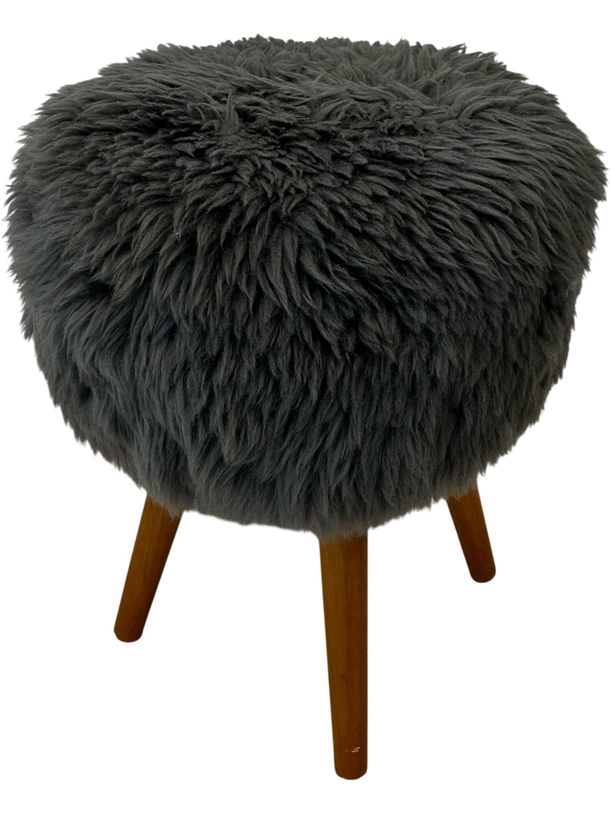 Grey Faux Fur Round Footstool Ottoman Wooden Legs Bedroom Stool (Pre-Loved)