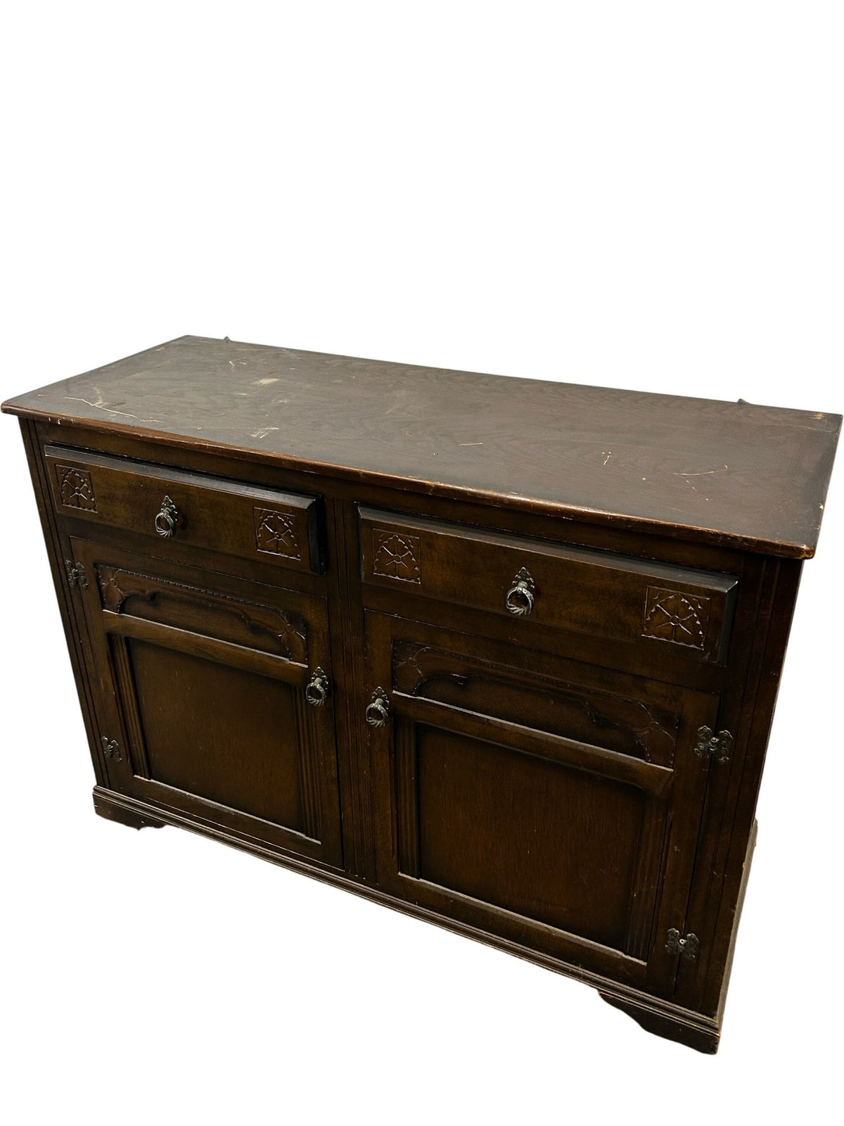 Dark Wood Sideboard with 2 Drawers 2 Door Cupboard Carved Detail (Pre-Loved)